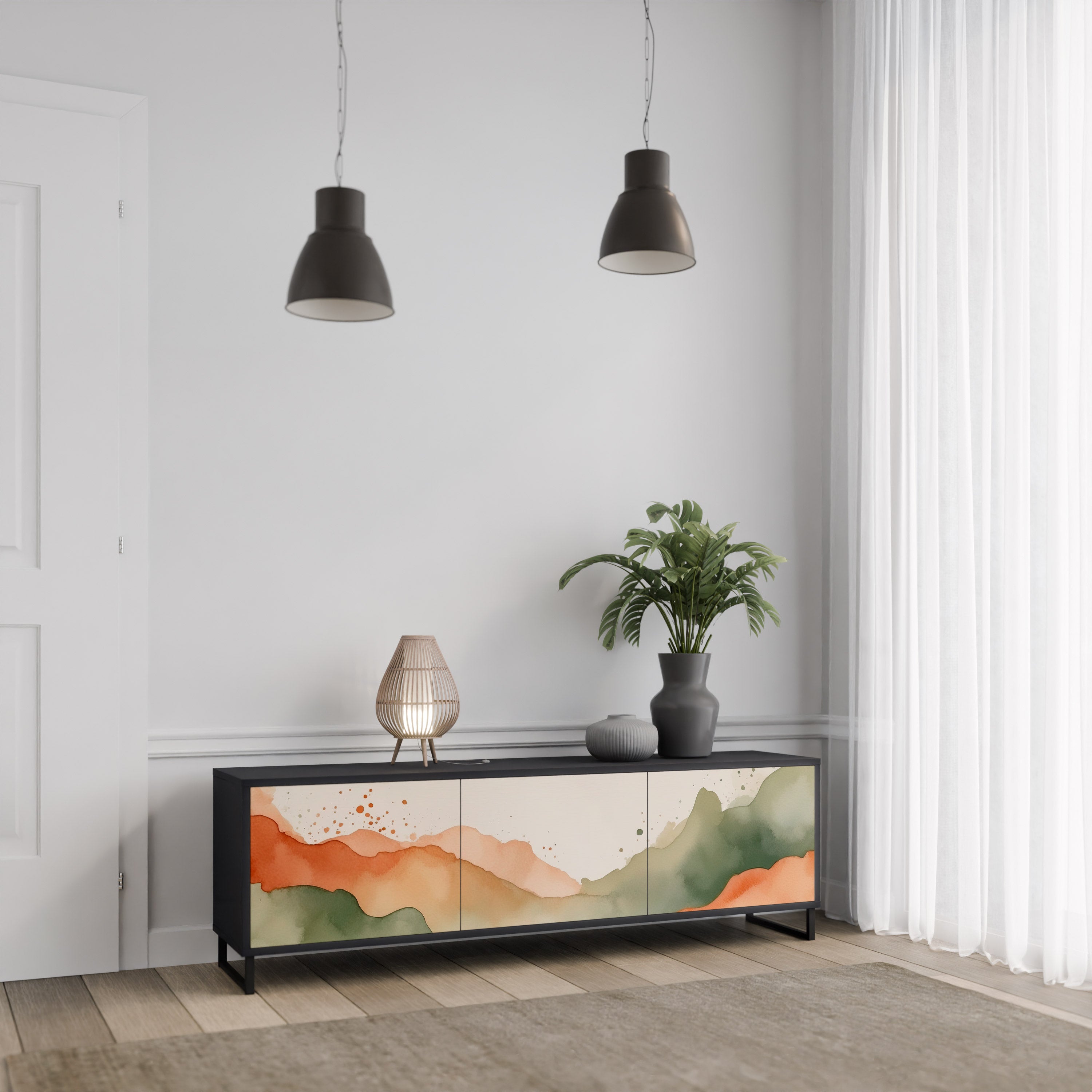 Mueble de TV WATERCOLOUR PEAKS de 3 puertas con acabado negro