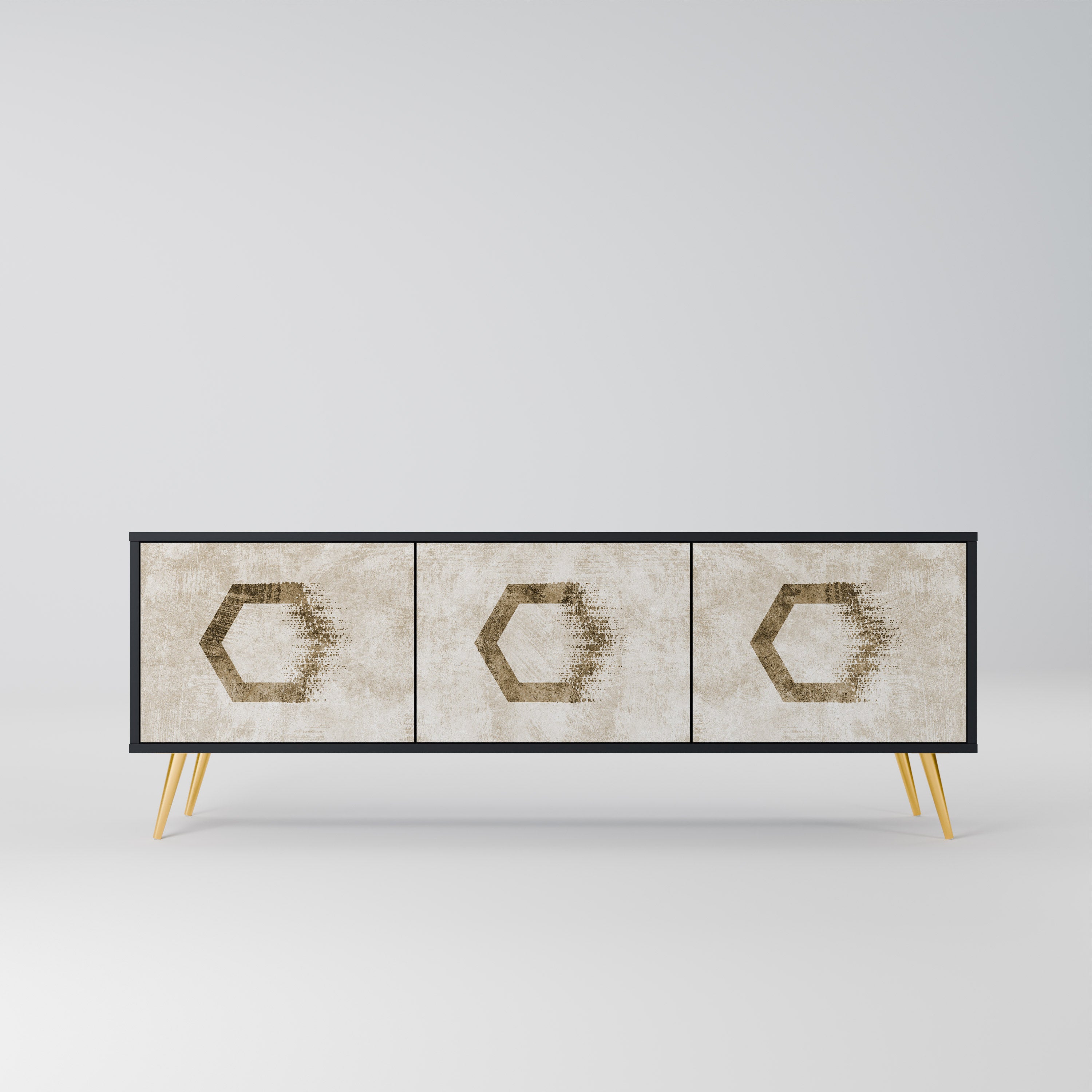 Mueble de TV de 3 puertas con formas hexagonales en acabado negro