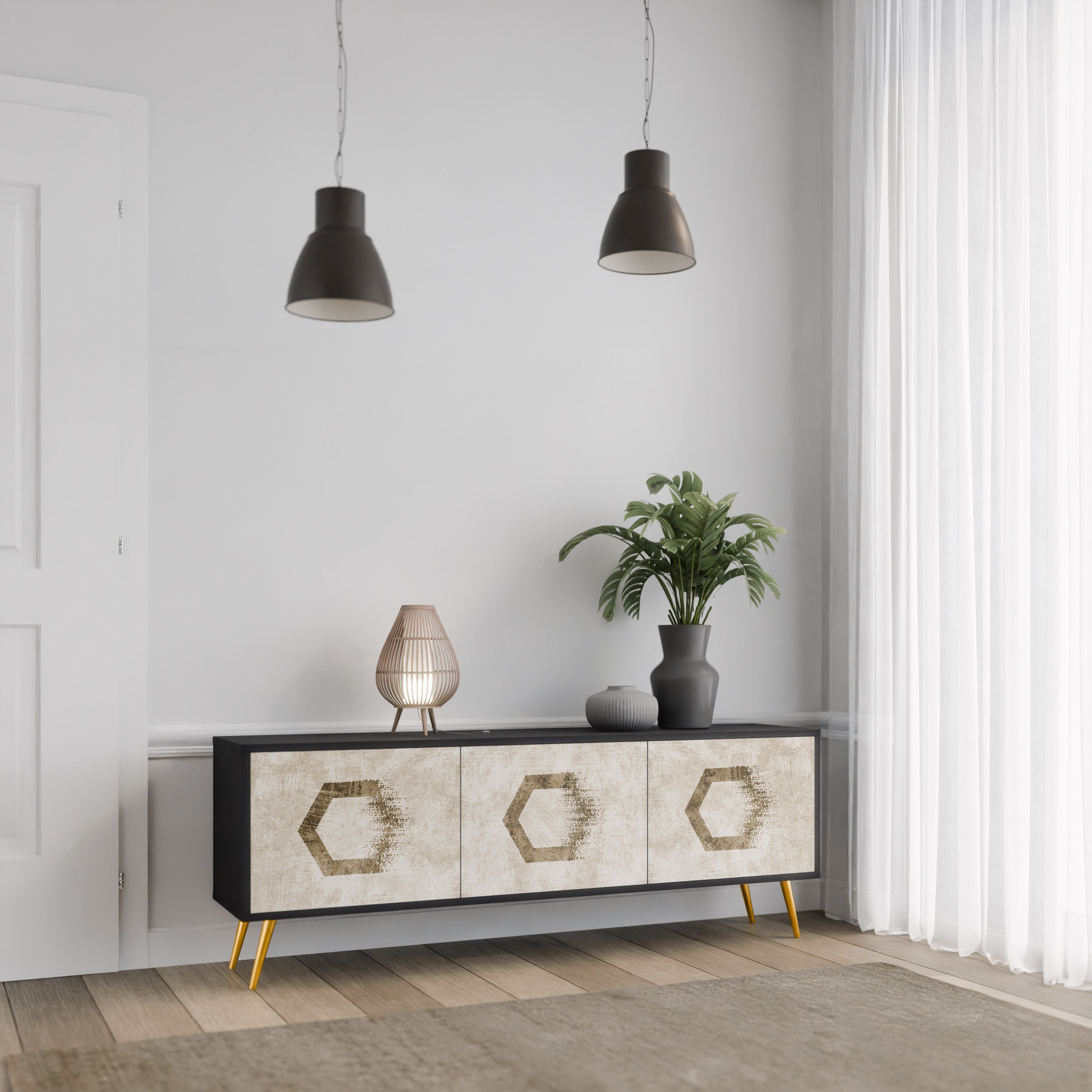 Mueble de TV de 3 puertas con formas hexagonales en acabado negro