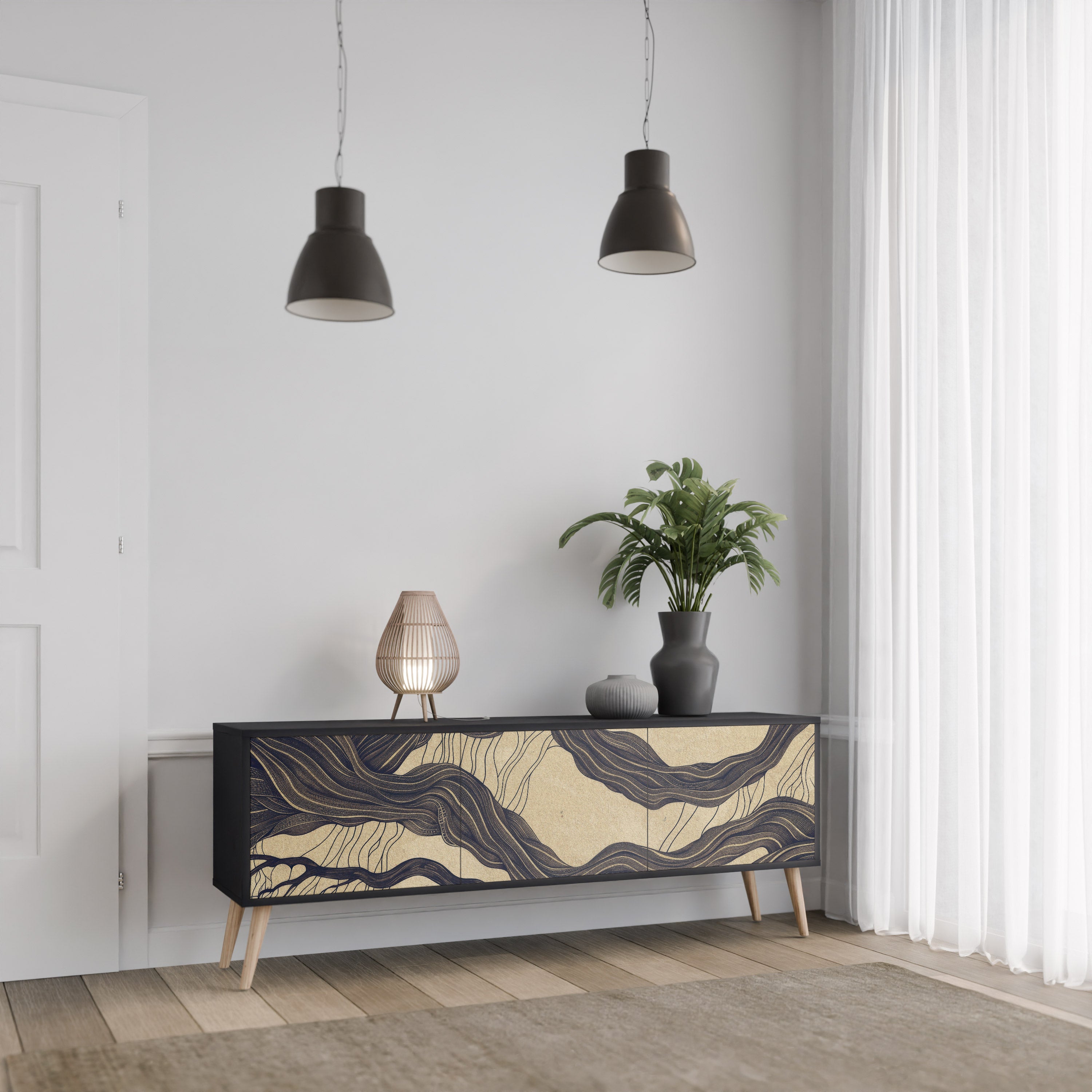 Mueble de TV de 3 puertas UNFIED FRAGMENTS con acabado negro