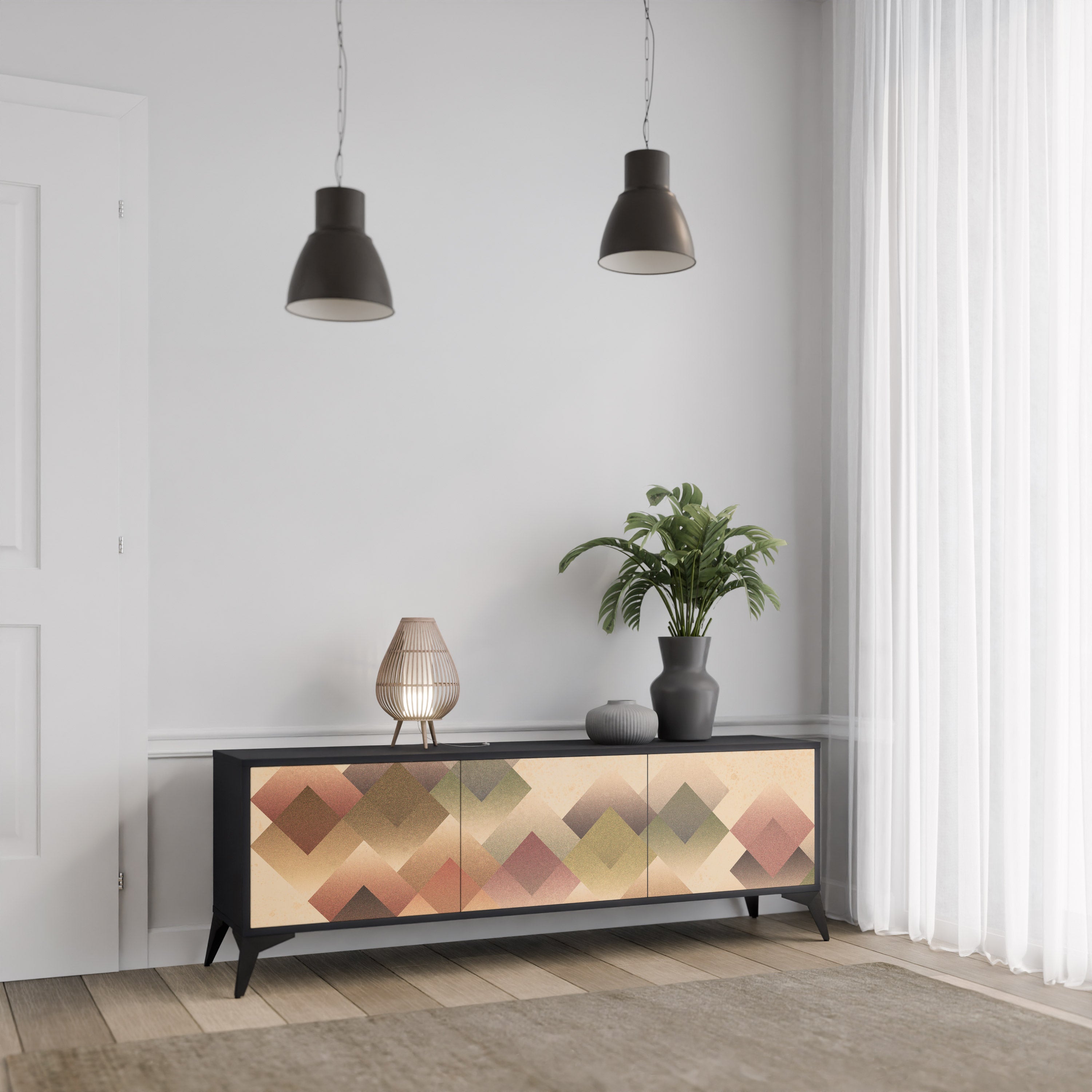 Mueble de TV GEOMETRIC FUSION de 3 puertas con acabado negro