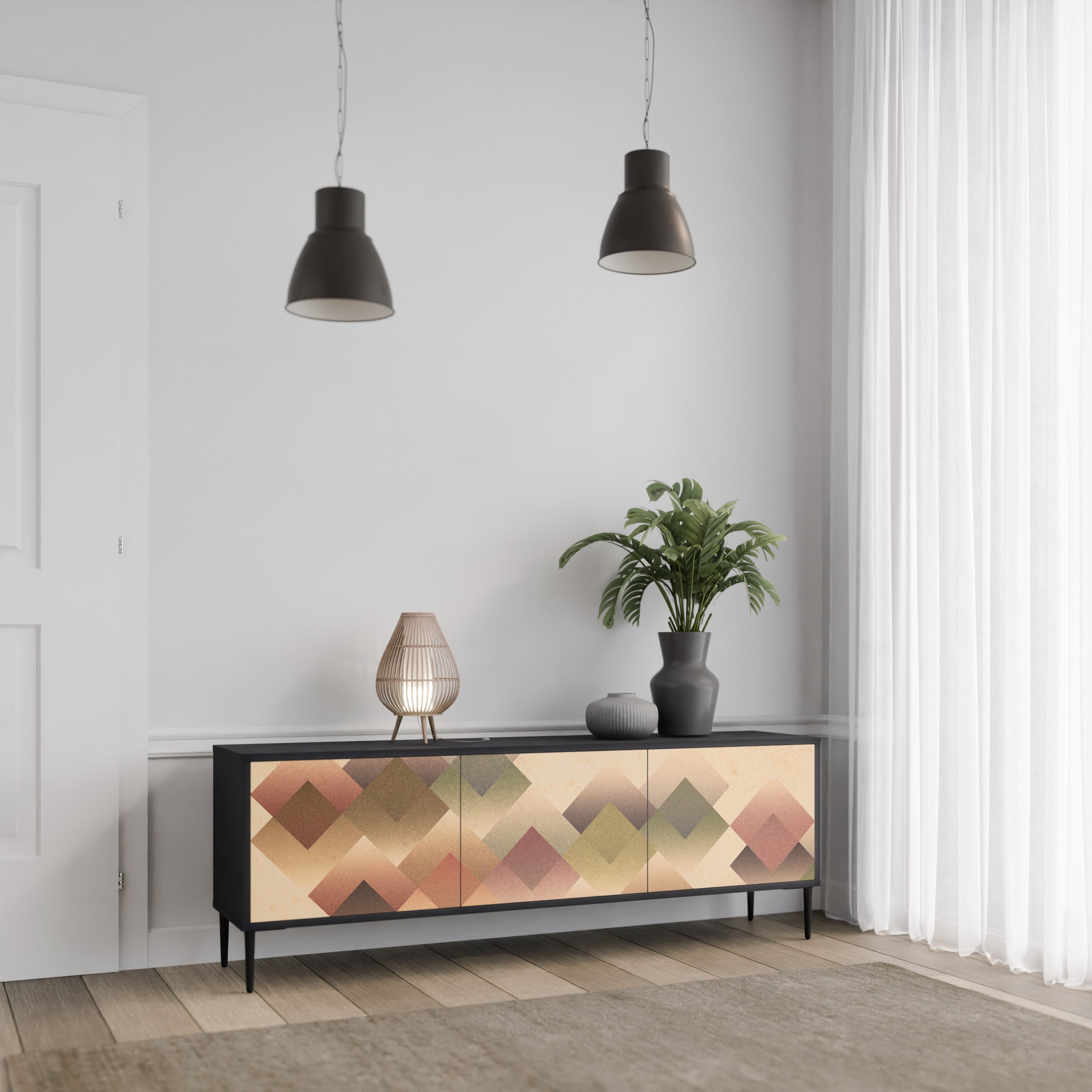 Mueble de TV GEOMETRIC FUSION de 3 puertas con acabado negro