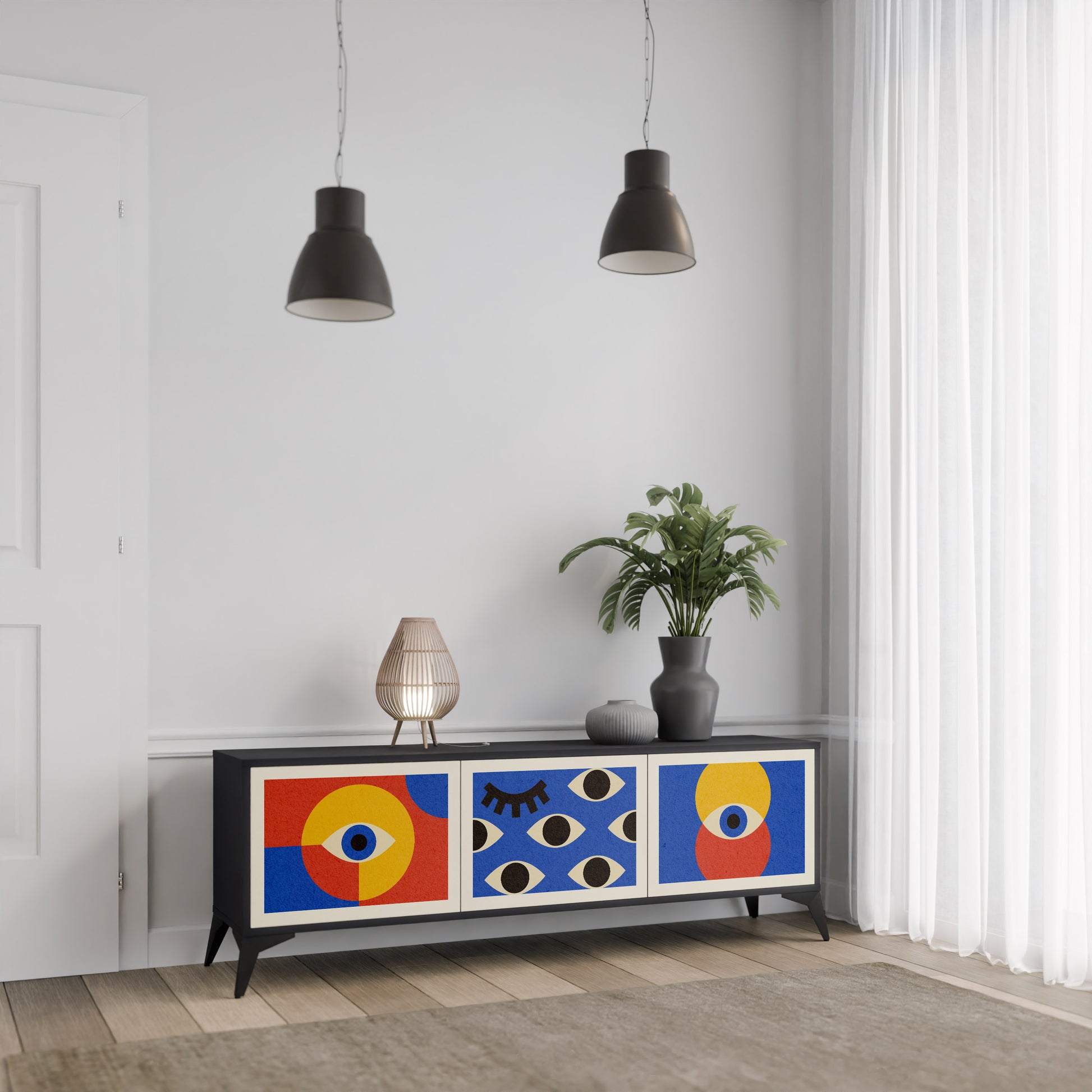 Mueble de TV de 3 puertas GEOMETRIC EYES en acabado negro