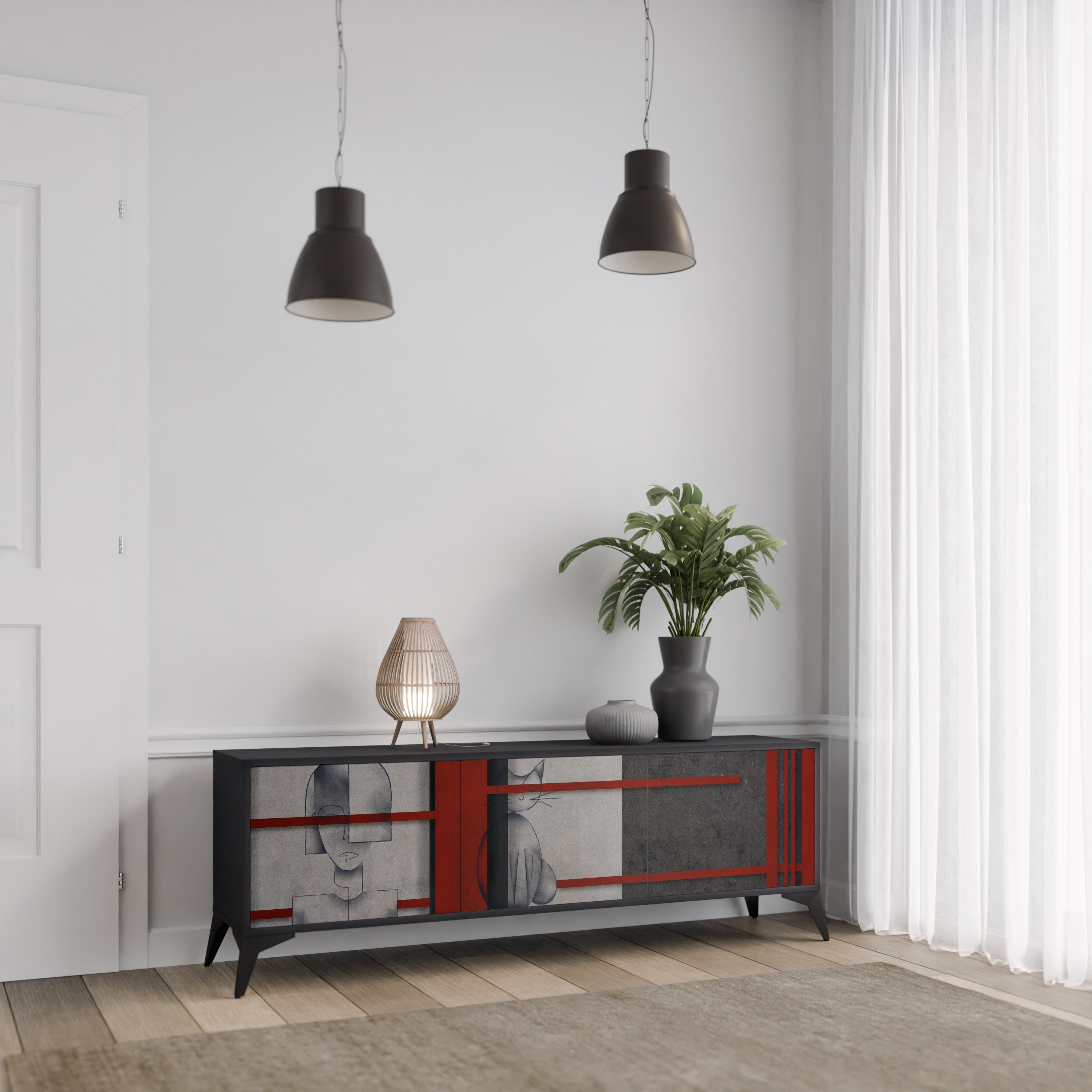 Mueble de TV de 3 puertas GRAY FIGURES en acabado negro