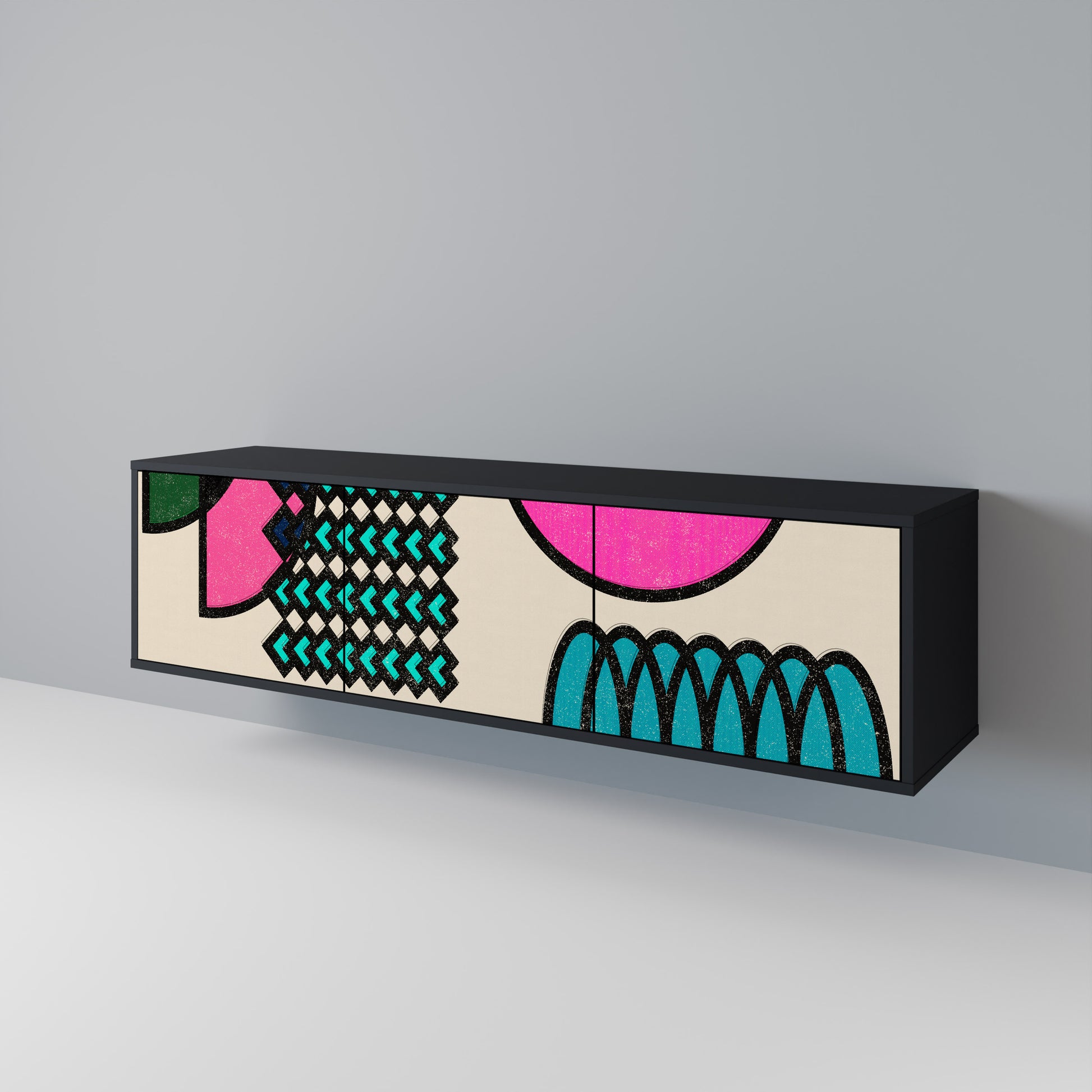 Mueble de TV GEOMETRIC RHAPSODY de 3 puertas con acabado negro