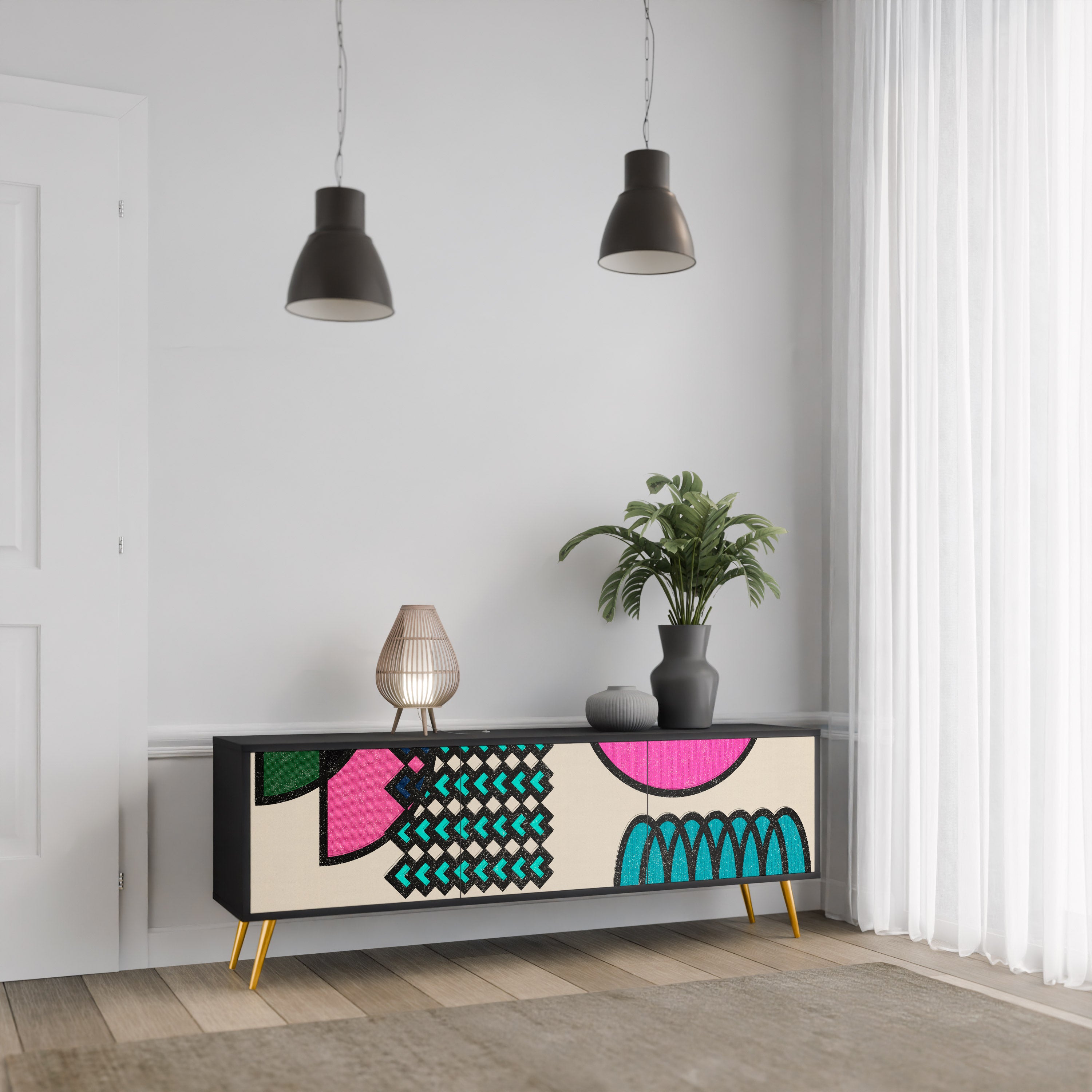 Mueble de TV GEOMETRIC RHAPSODY de 3 puertas con acabado negro