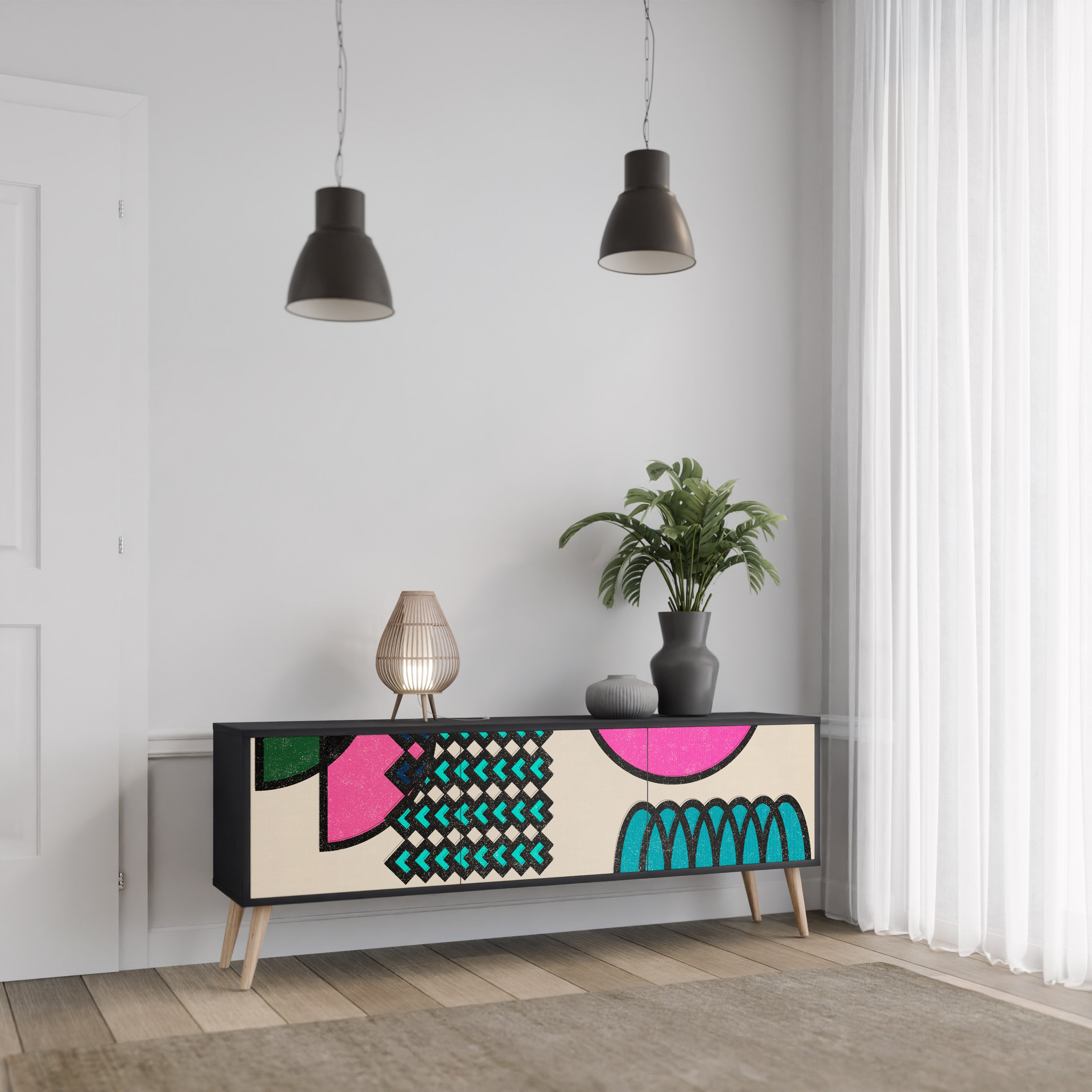Mueble de TV GEOMETRIC RHAPSODY de 3 puertas con acabado negro