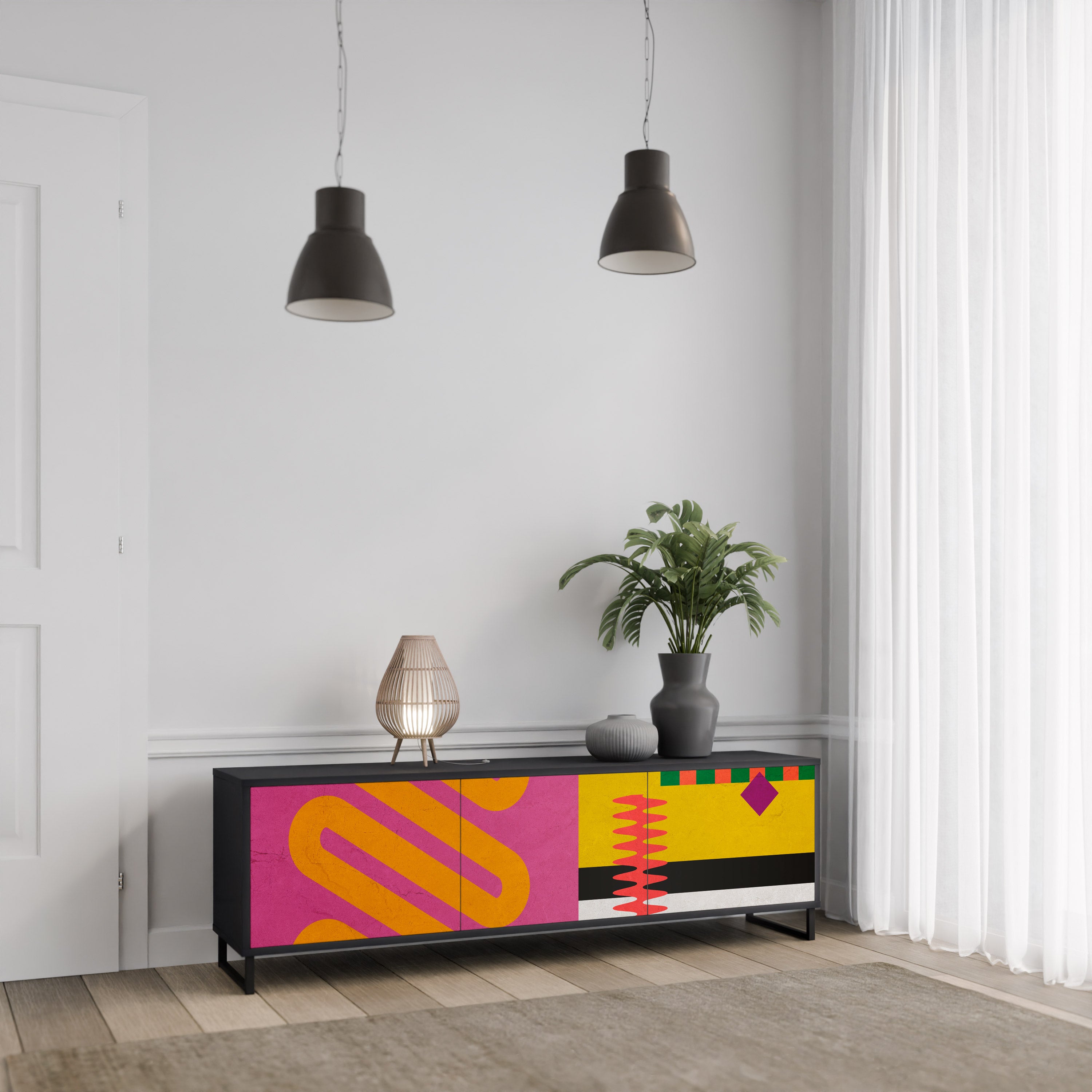 Mueble de TV VIVID ART de 3 puertas con acabado negro
