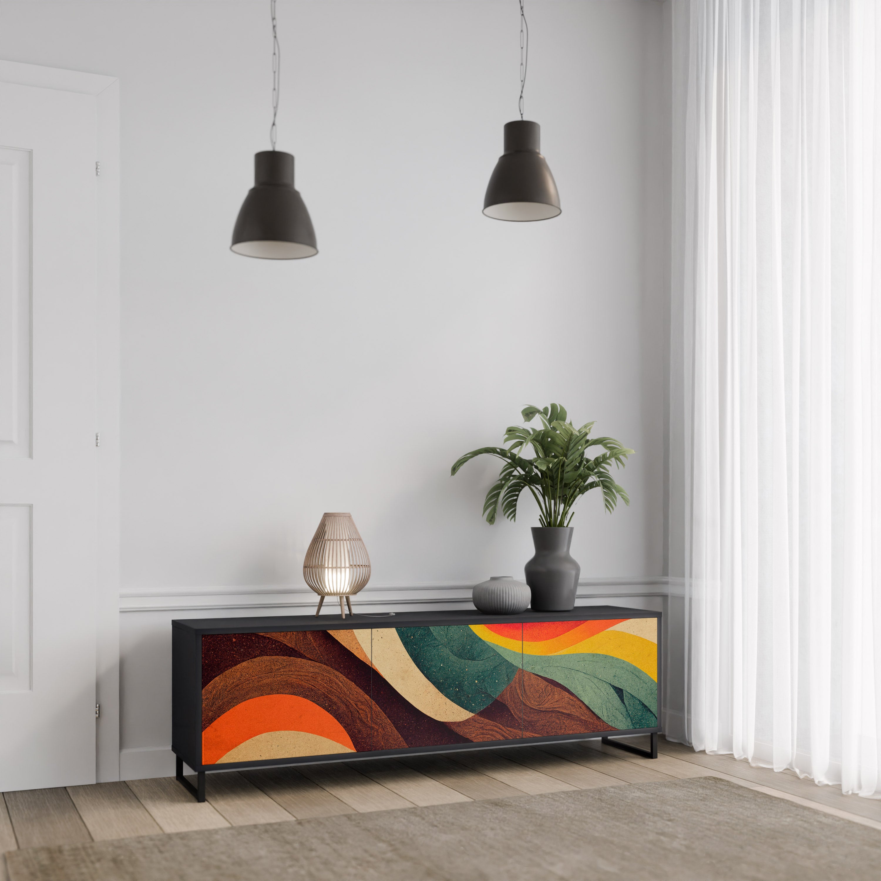 Mueble de TV de 3 puertas COLORFUL STRANDS en acabado negro