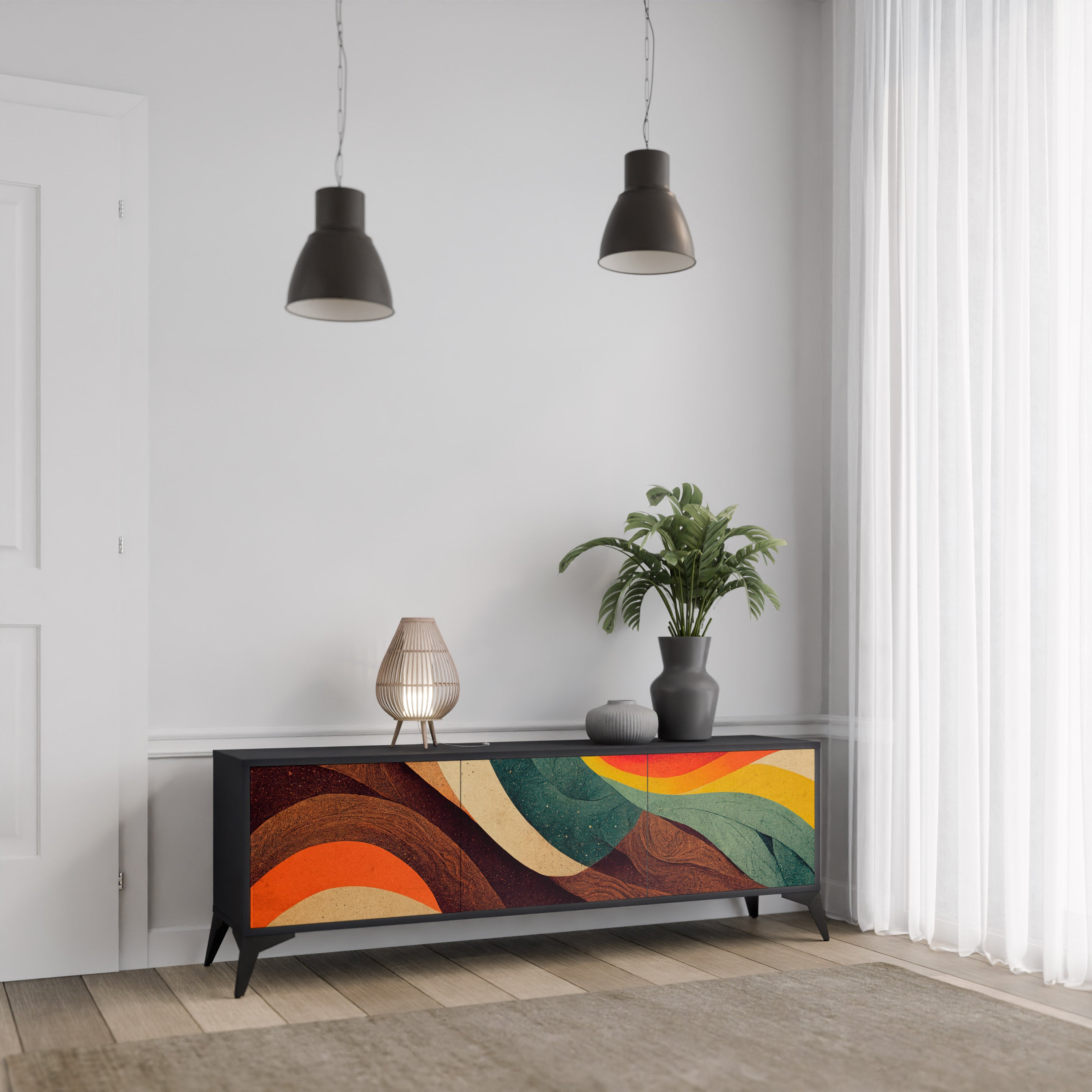 Mueble de TV de 3 puertas COLORFUL STRANDS en acabado negro