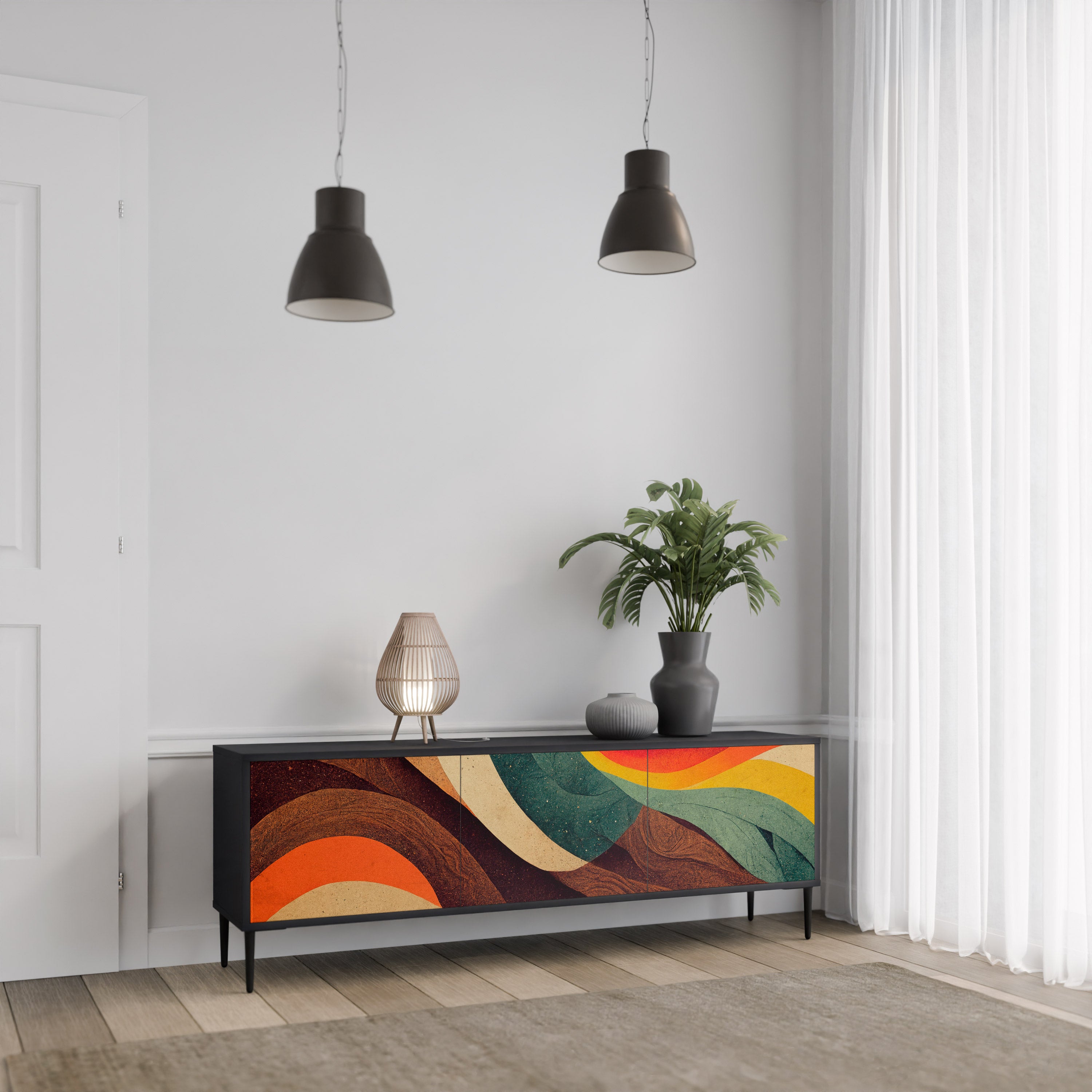 Mueble de TV de 3 puertas COLORFUL STRANDS en acabado negro