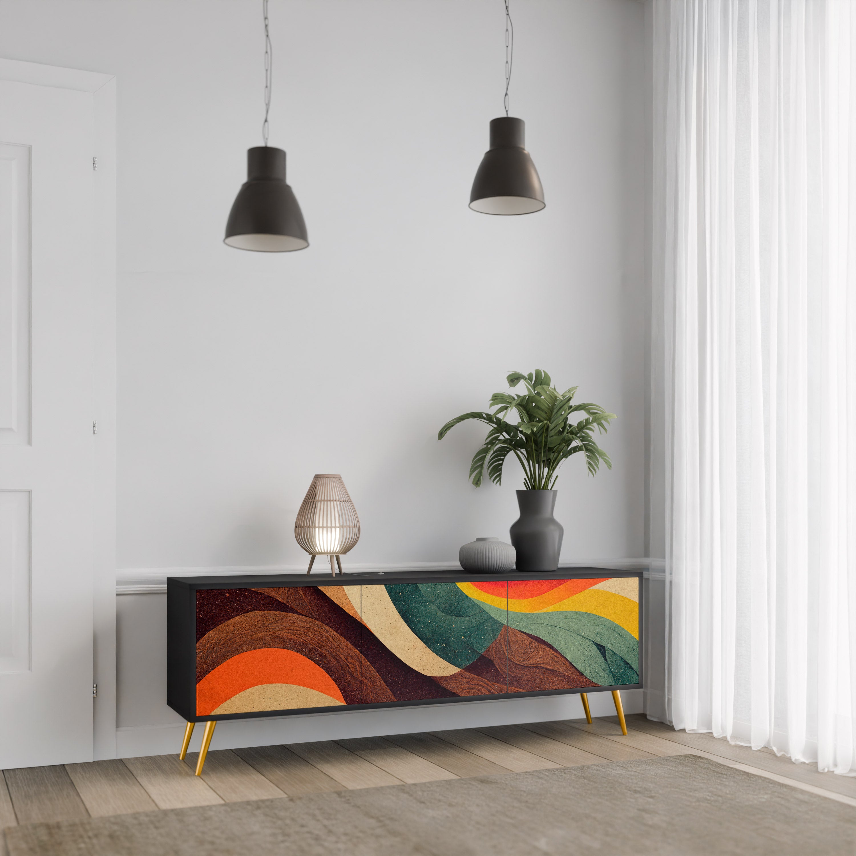 Mueble de TV de 3 puertas COLORFUL STRANDS en acabado negro