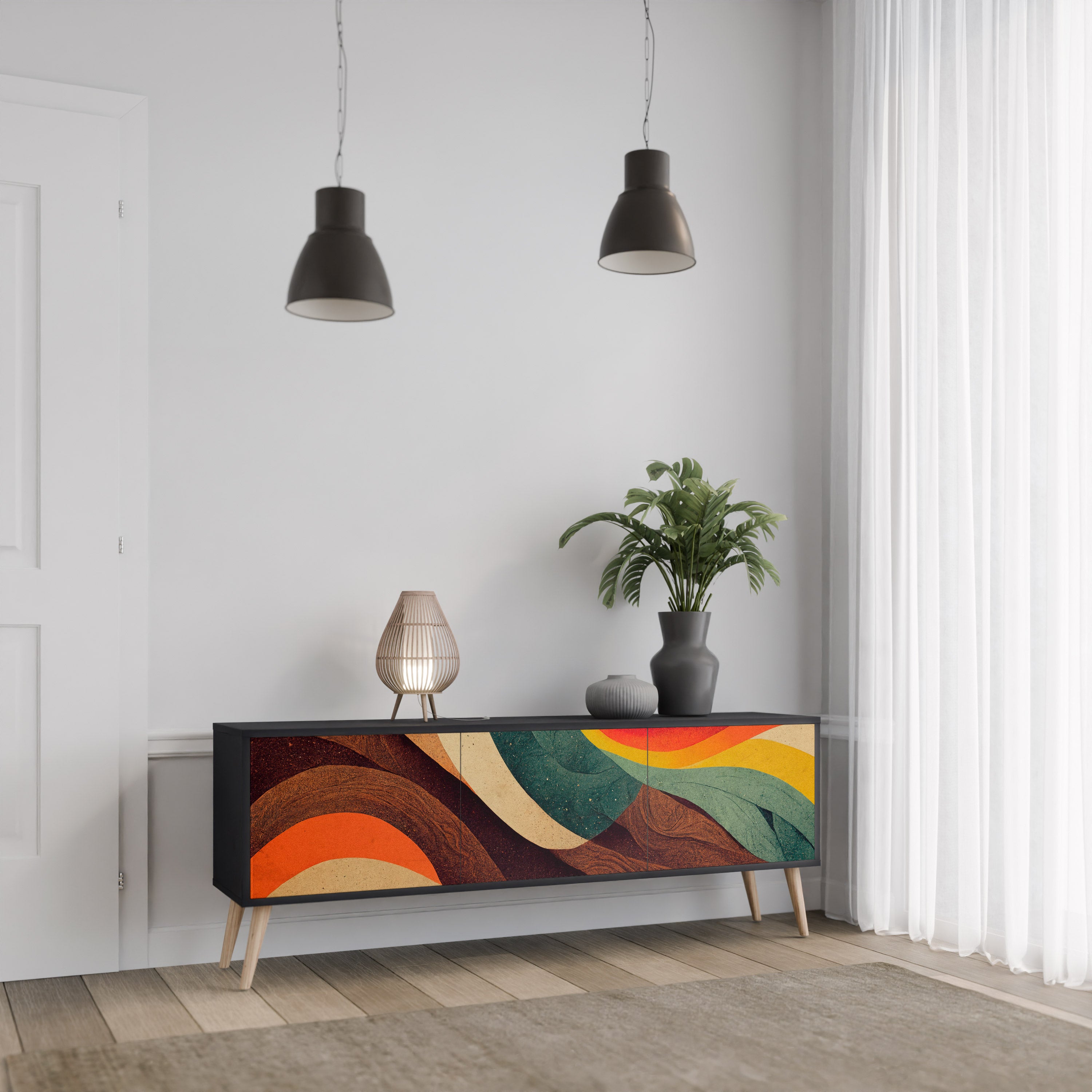 Mueble de TV de 3 puertas COLORFUL STRANDS en acabado negro
