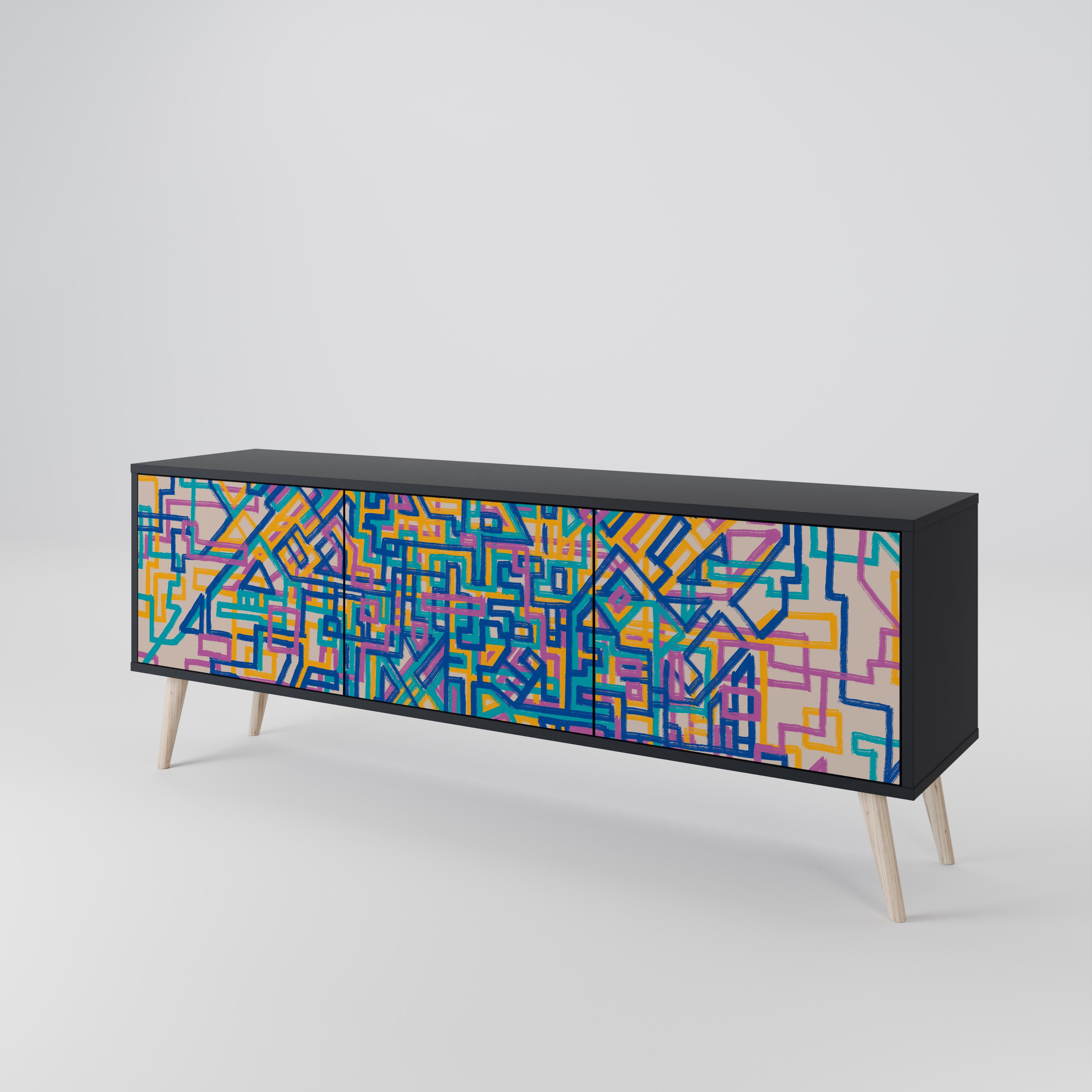 Mueble de TV MEMORIES MAP de 3 puertas con acabado negro