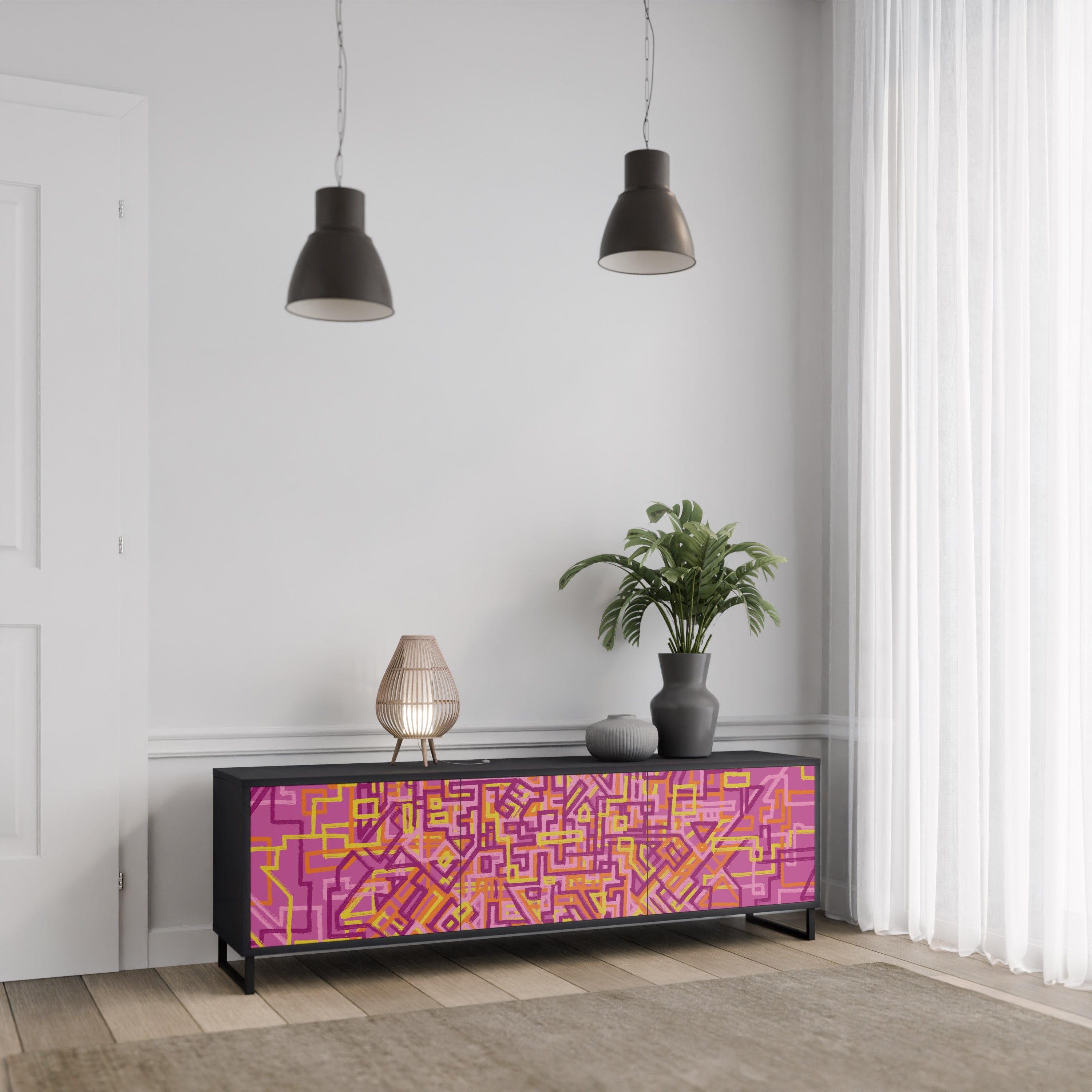 Mueble de TV LOVELY MEMORIES de 3 puertas con acabado negro