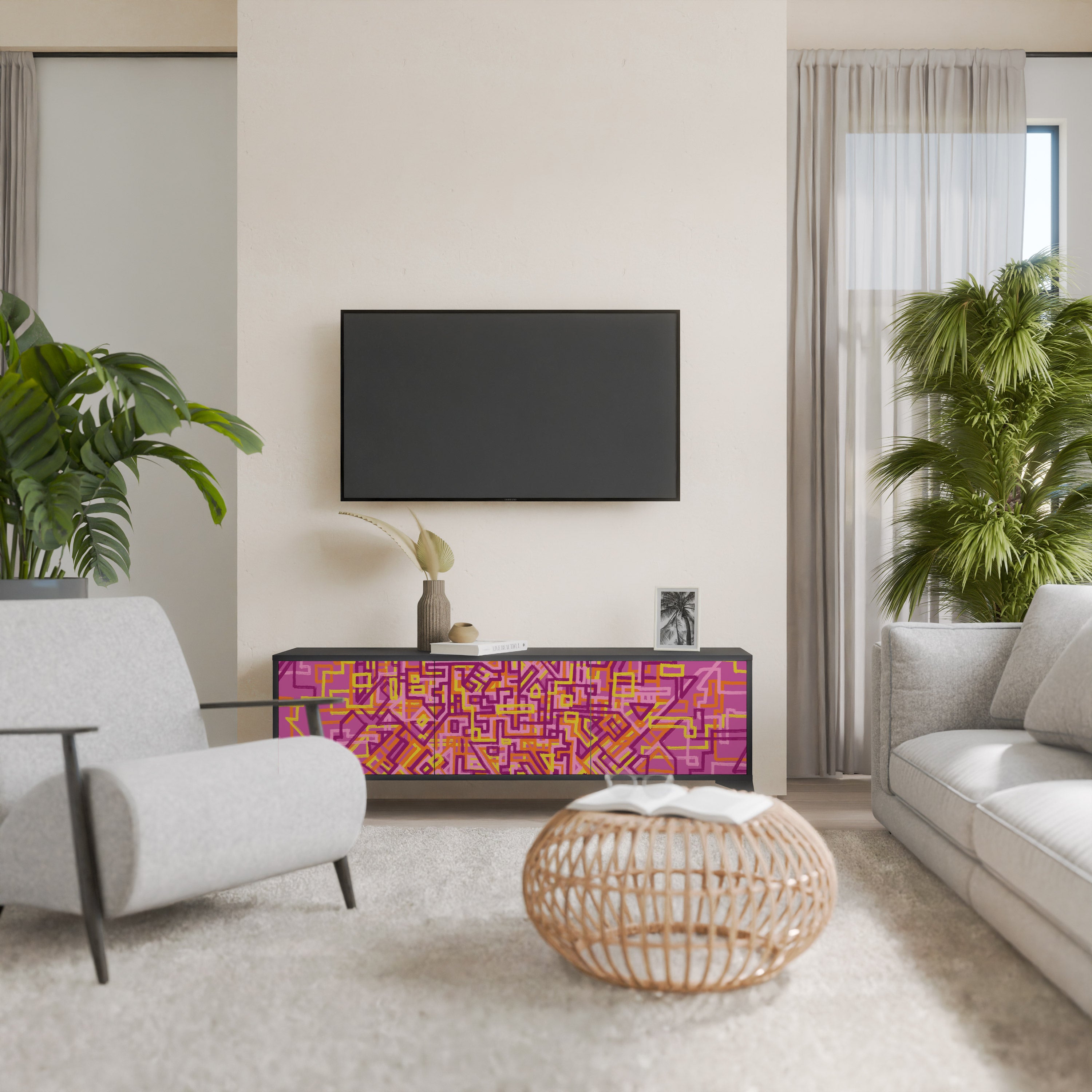 Mueble de TV LOVELY MEMORIES de 3 puertas con acabado negro