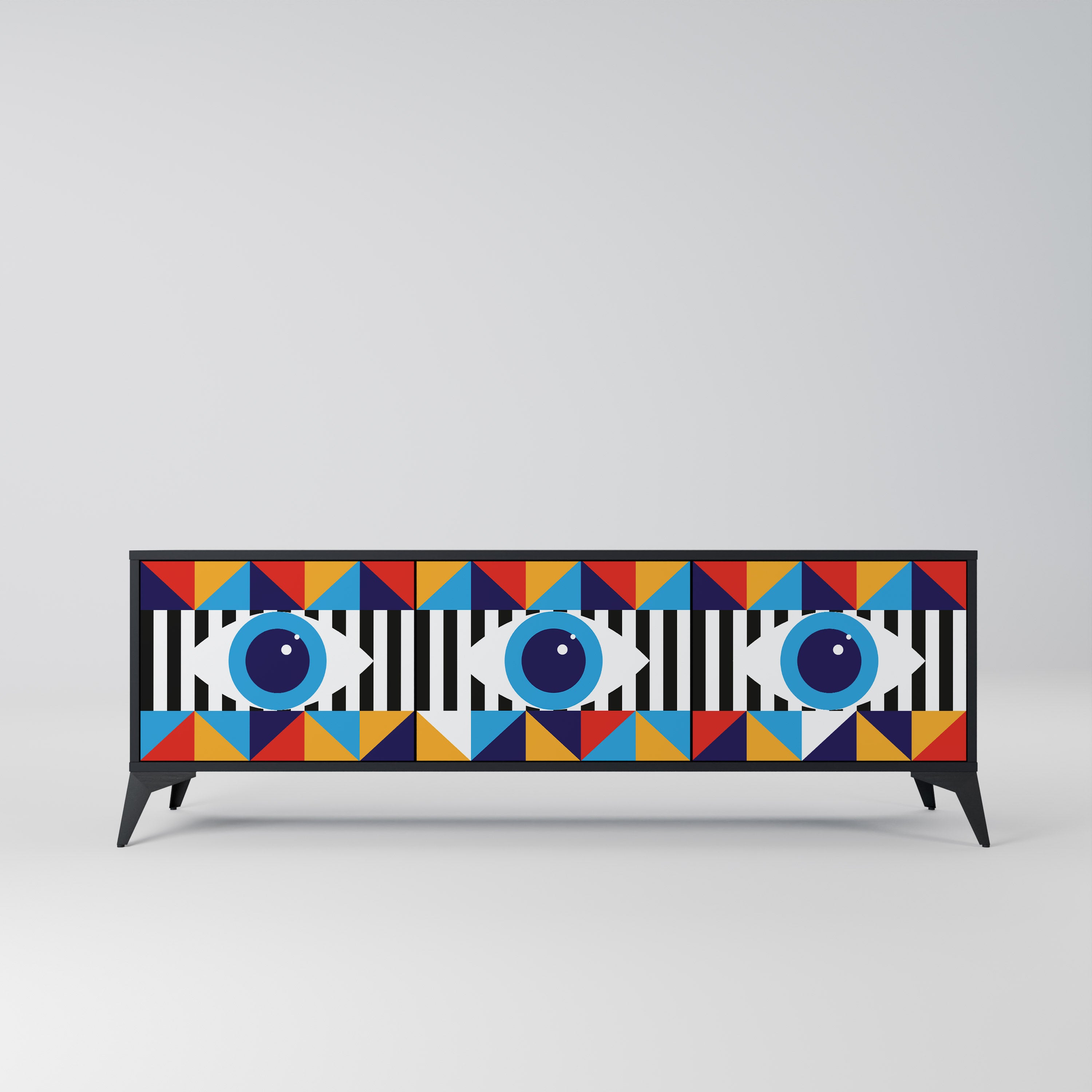 ABSTRACCIÓN Y GEOMETRÍA Mueble de TV de 3 puertas en acabado negro