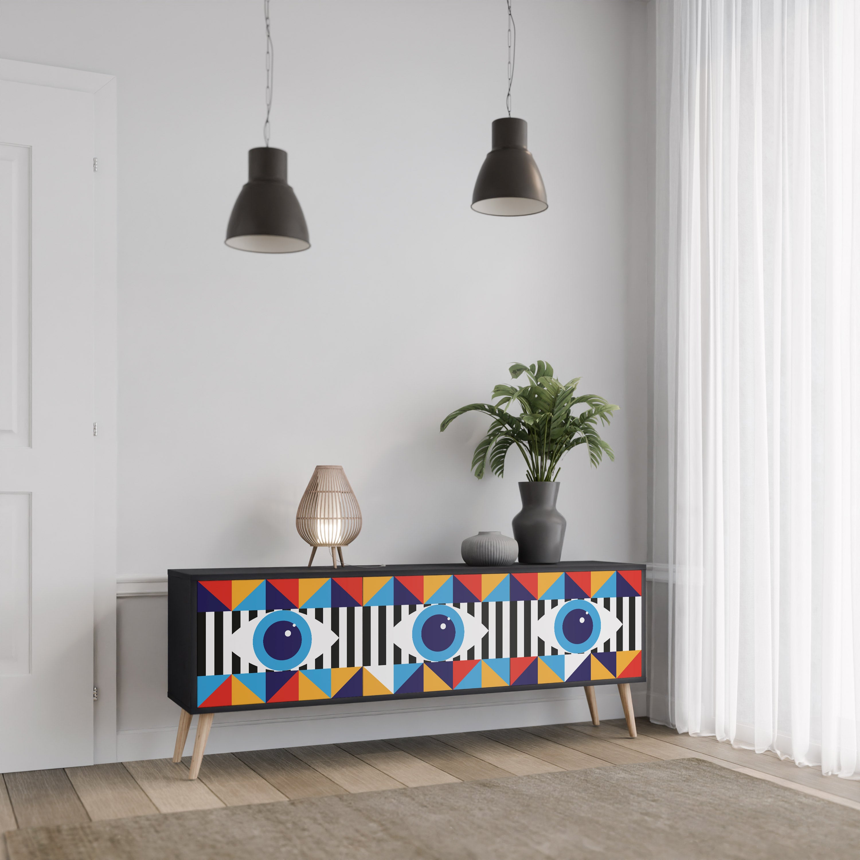 ABSTRACCIÓN Y GEOMETRÍA Mueble de TV de 3 puertas en acabado negro