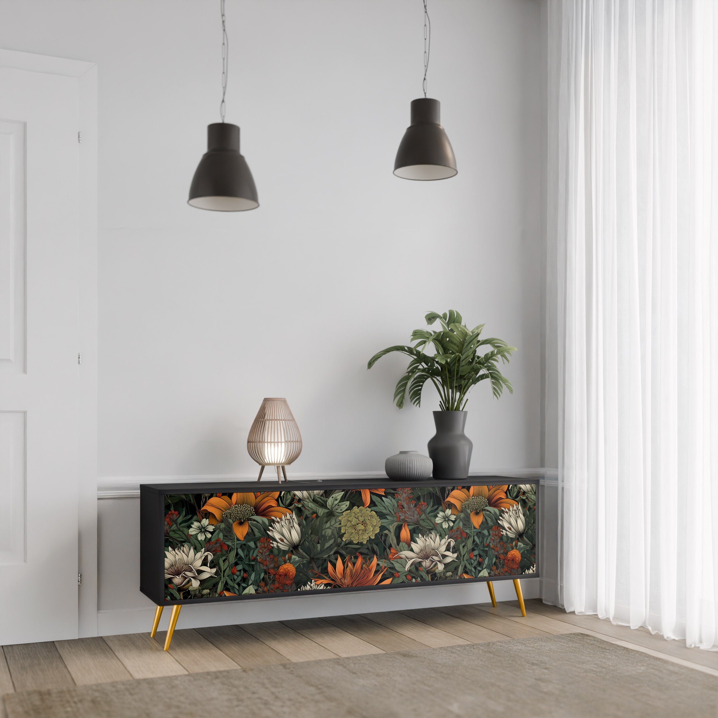 Mueble de TV de 3 puertas MIDNIGHT SPROUT con acabado negro