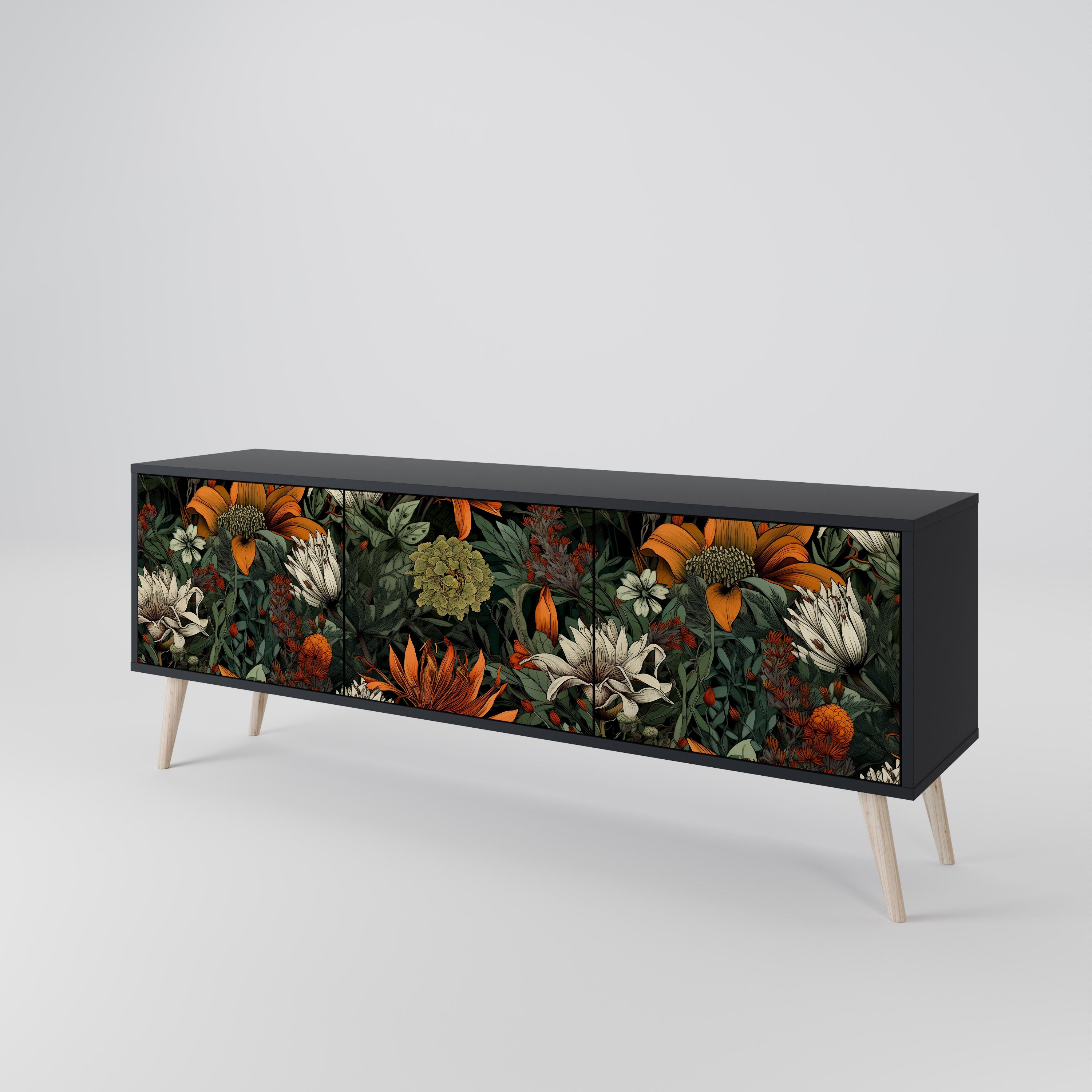Mueble de TV de 3 puertas MIDNIGHT SPROUT con acabado negro