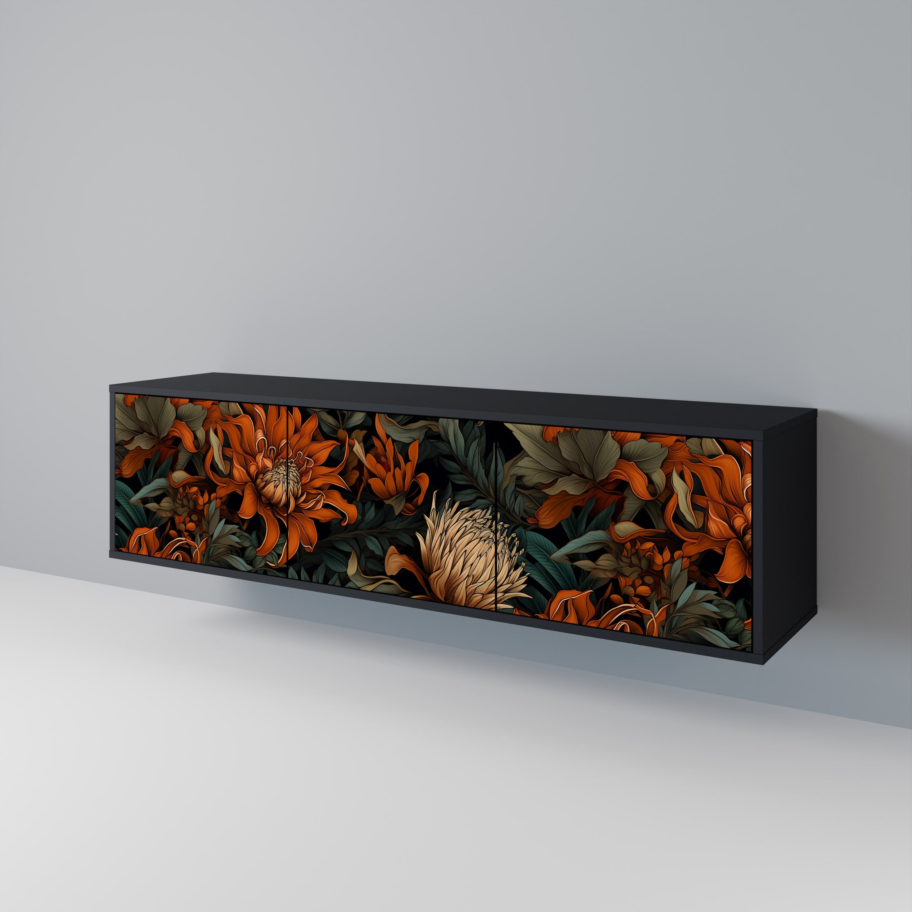 Mueble de TV de 3 puertas DAWN BLOOM con acabado negro