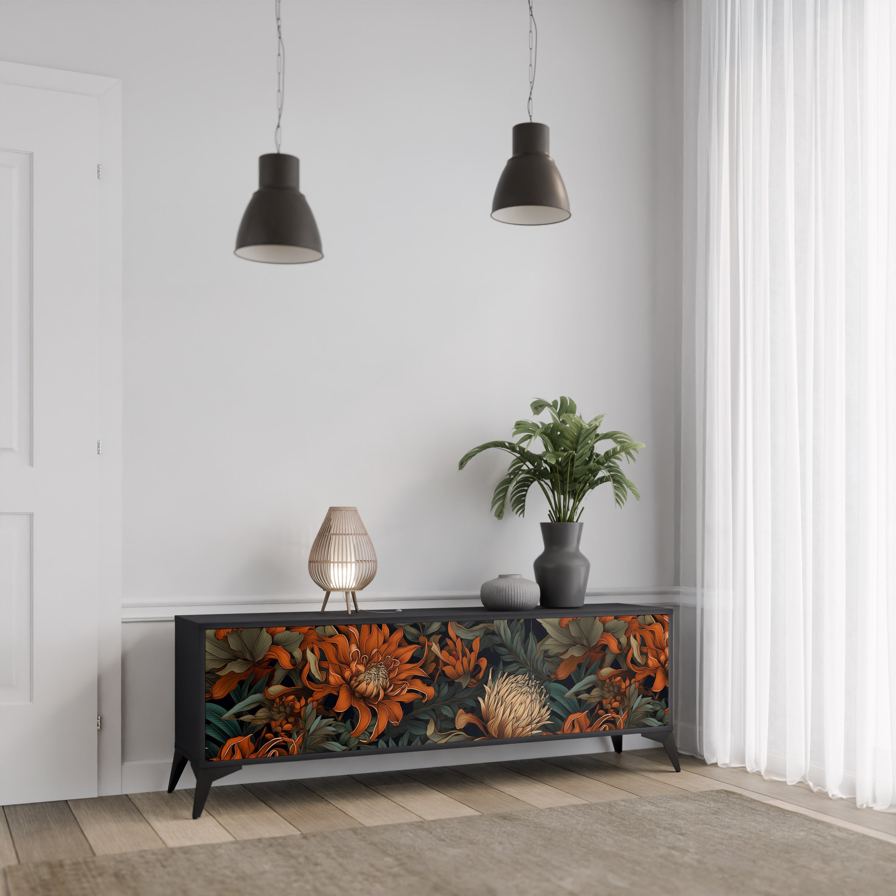 Mueble de TV de 3 puertas DAWN BLOOM con acabado negro