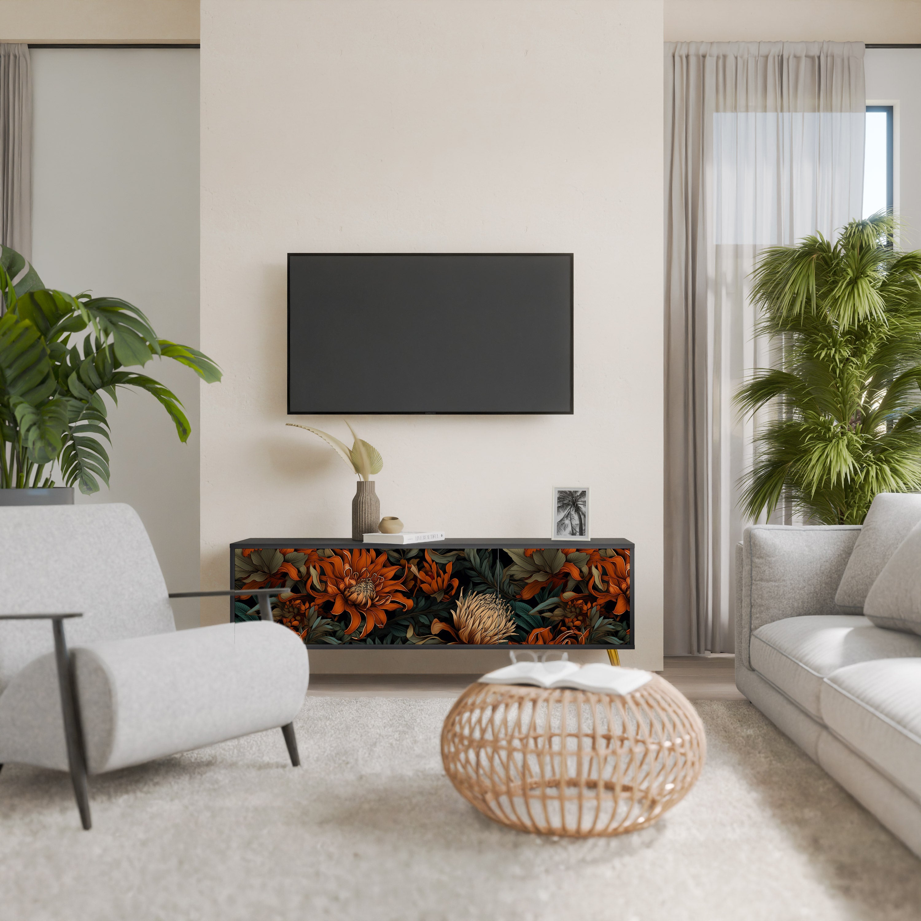 Mueble de TV de 3 puertas DAWN BLOOM con acabado negro