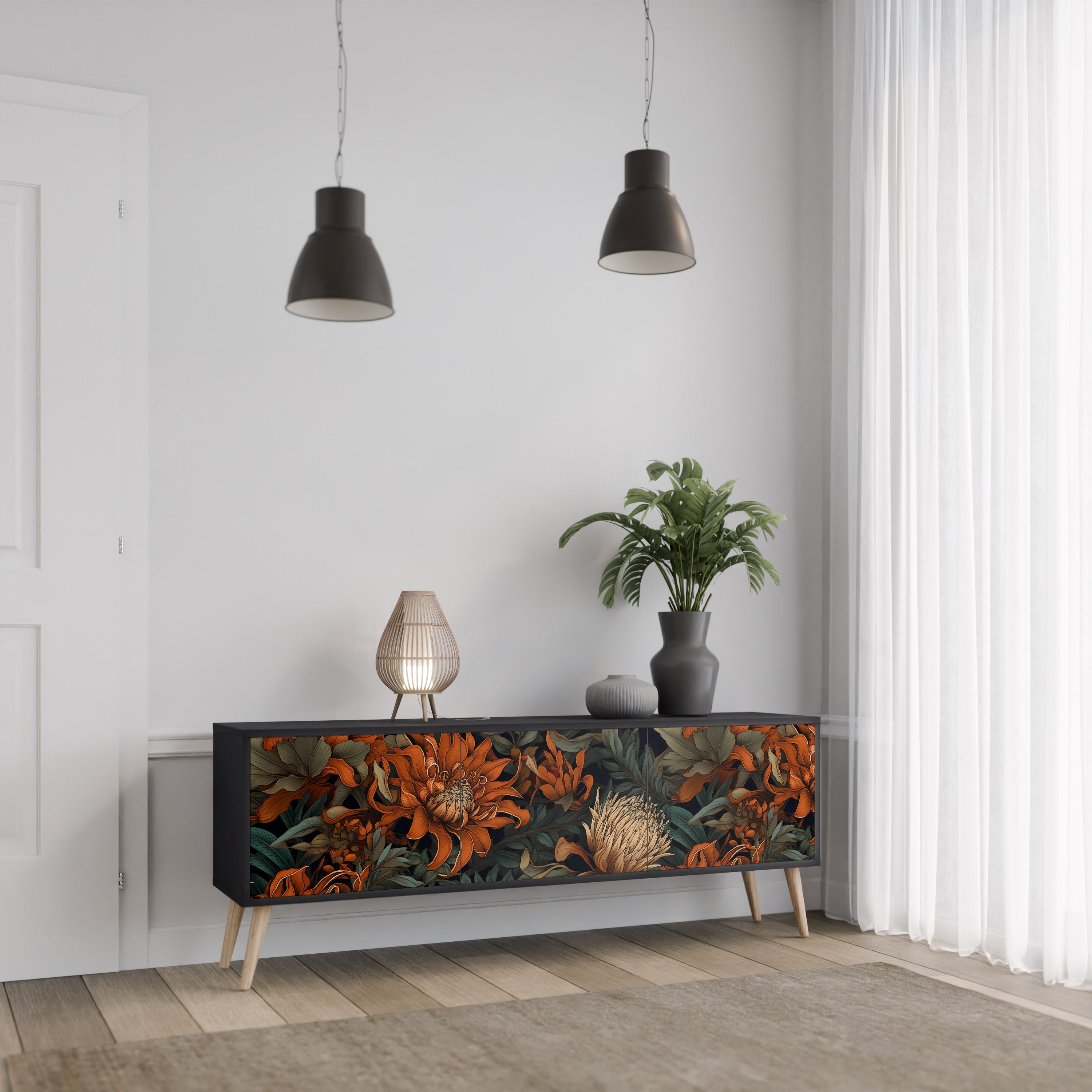Mueble de TV de 3 puertas DAWN BLOOM con acabado negro