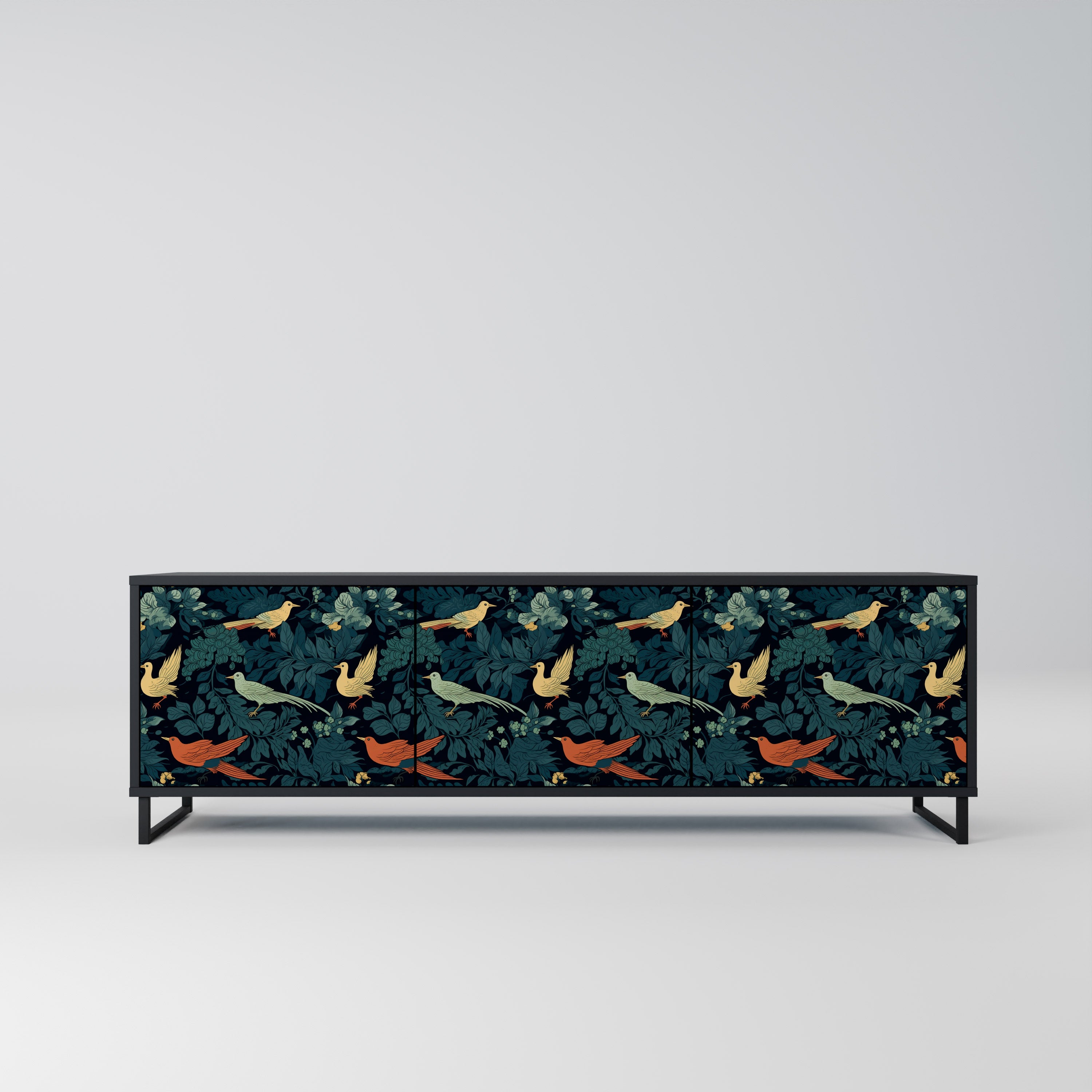 Mueble de TV de 3 puertas FOWL ORNAMENT con acabado negro