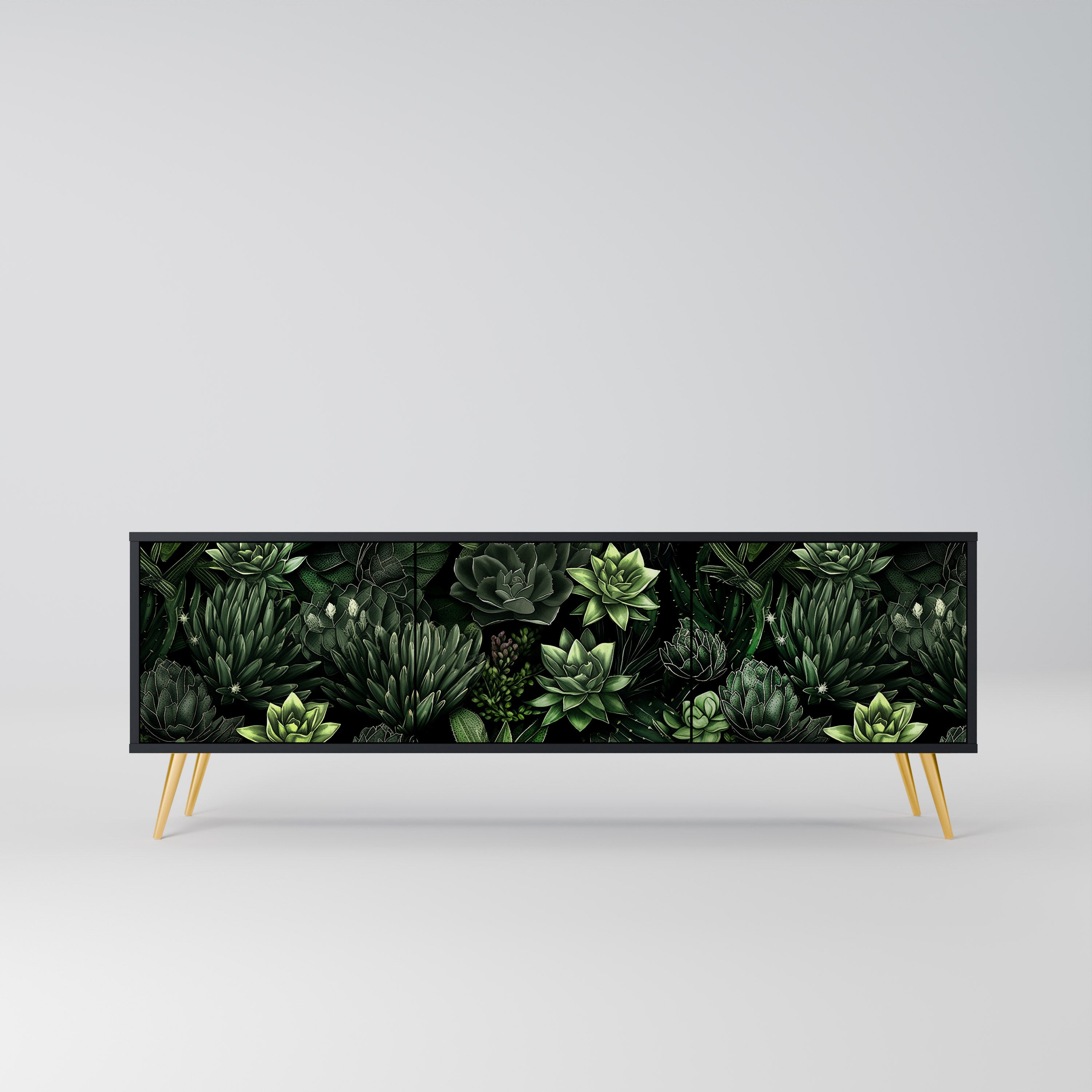 Mueble de TV de 3 puertas SUCCULENT JUNGLE con acabado negro