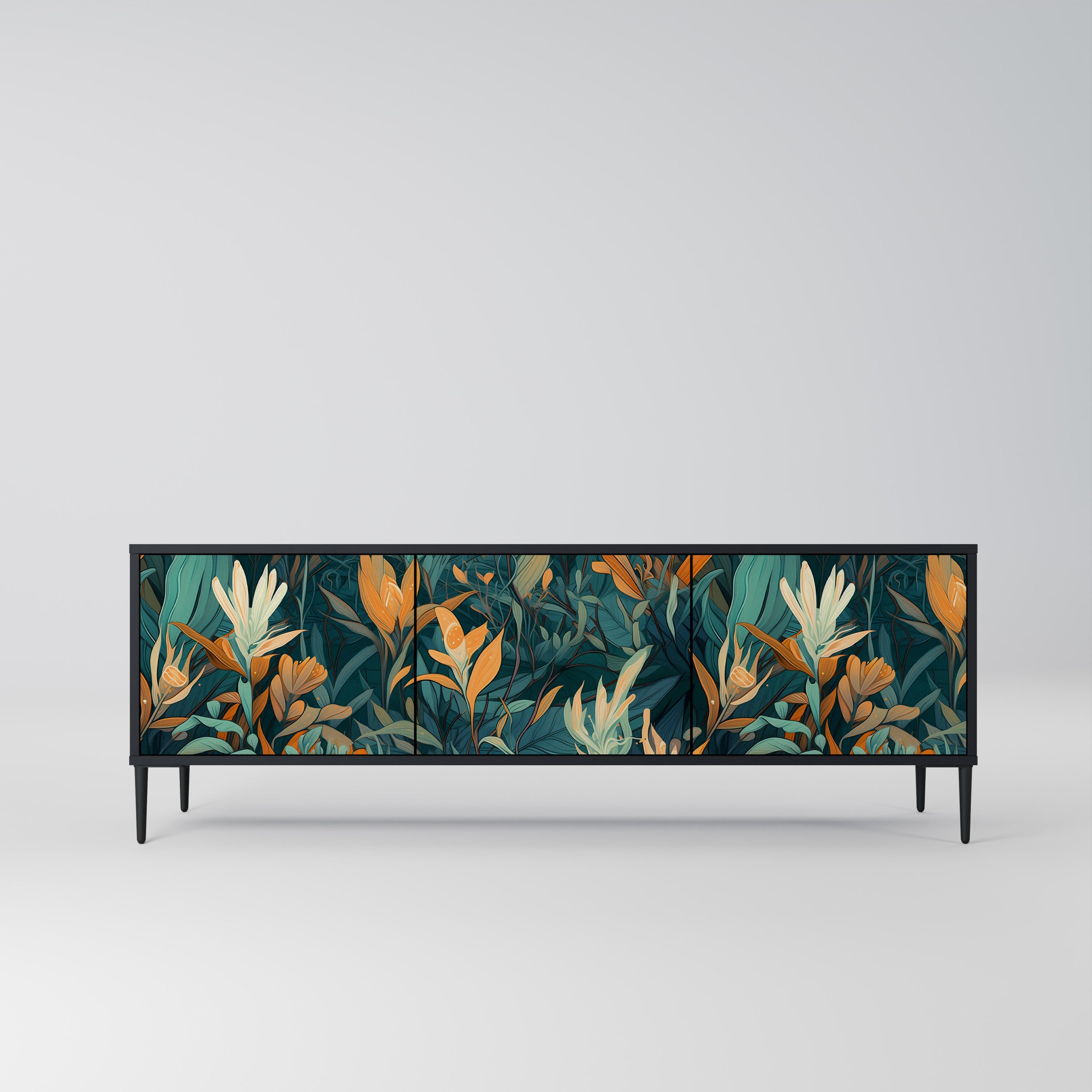 Mueble de TV de 3 puertas FLORAL SERENITY en acabado negro