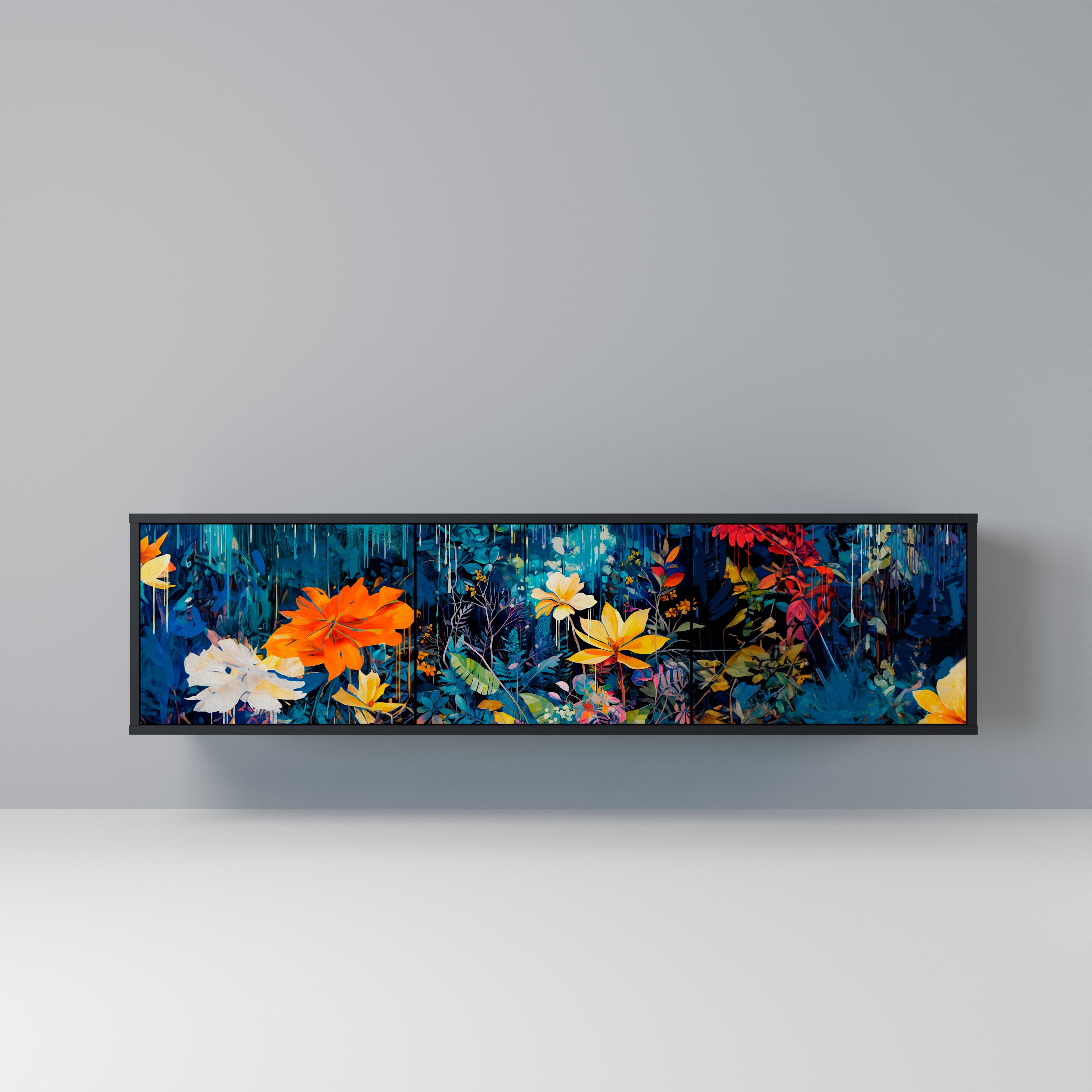 Mueble de TV de 3 puertas MIDNIGHT BLOSSOM con acabado negro