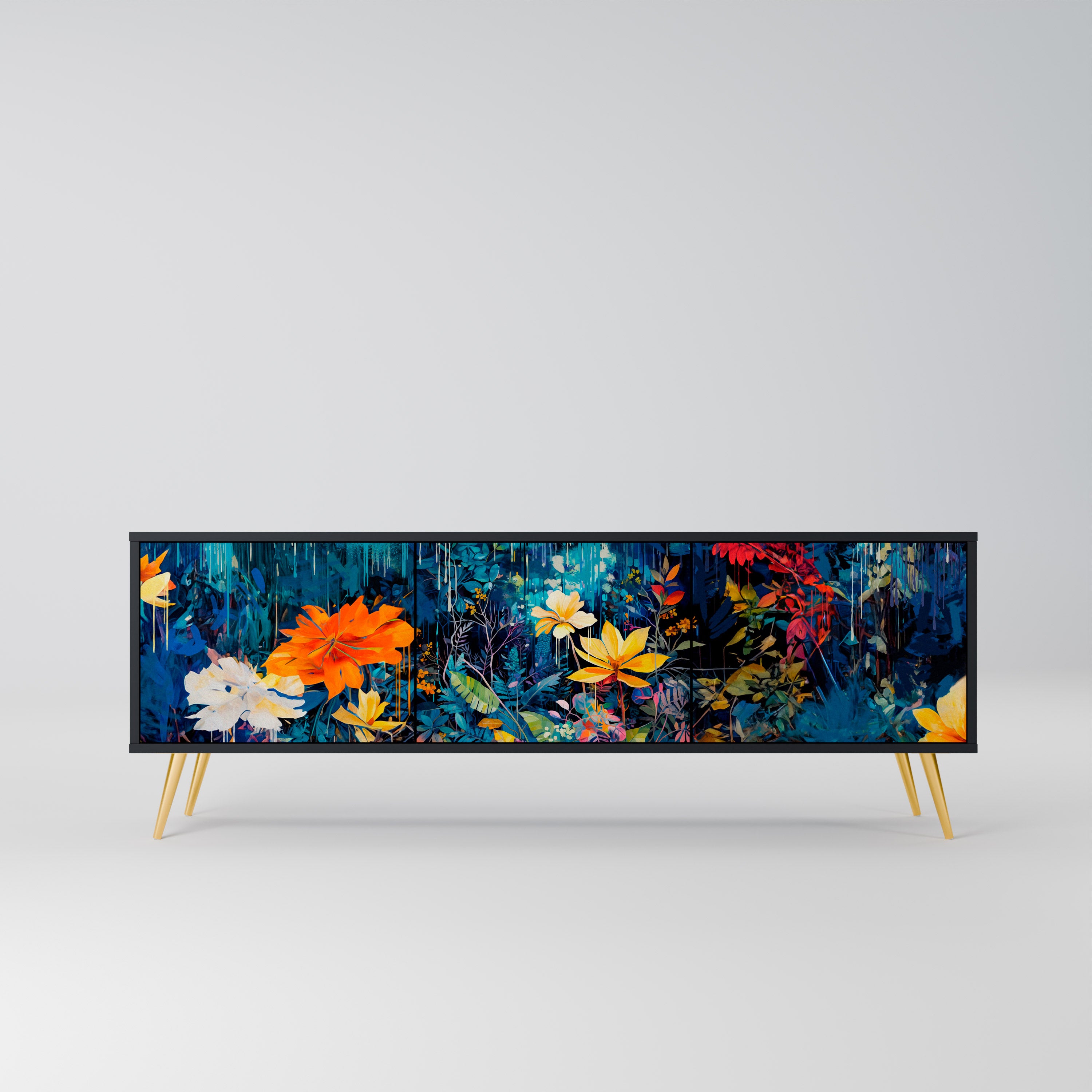 Mueble de TV de 3 puertas MIDNIGHT BLOSSOM con acabado negro