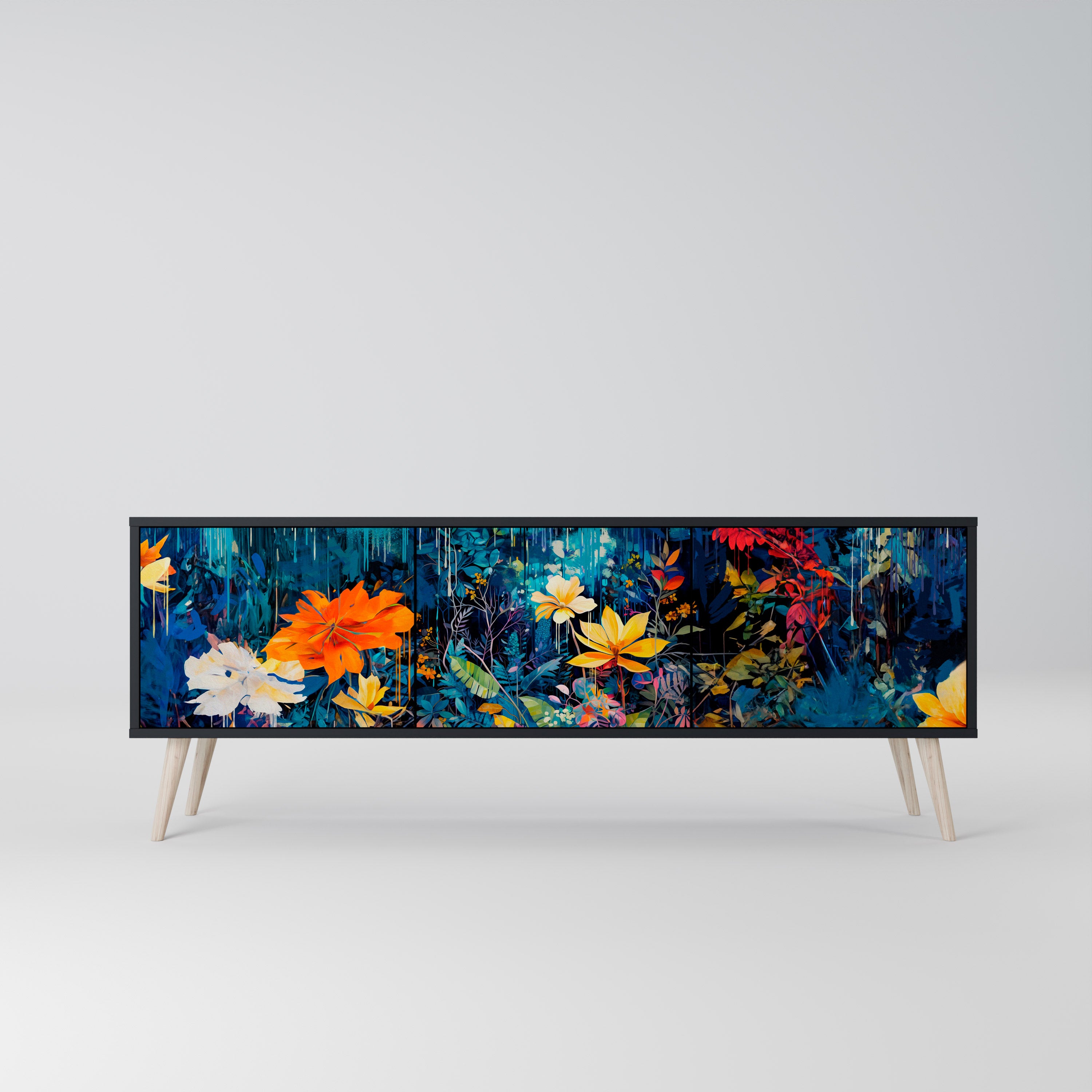 Mueble de TV de 3 puertas MIDNIGHT BLOSSOM con acabado negro