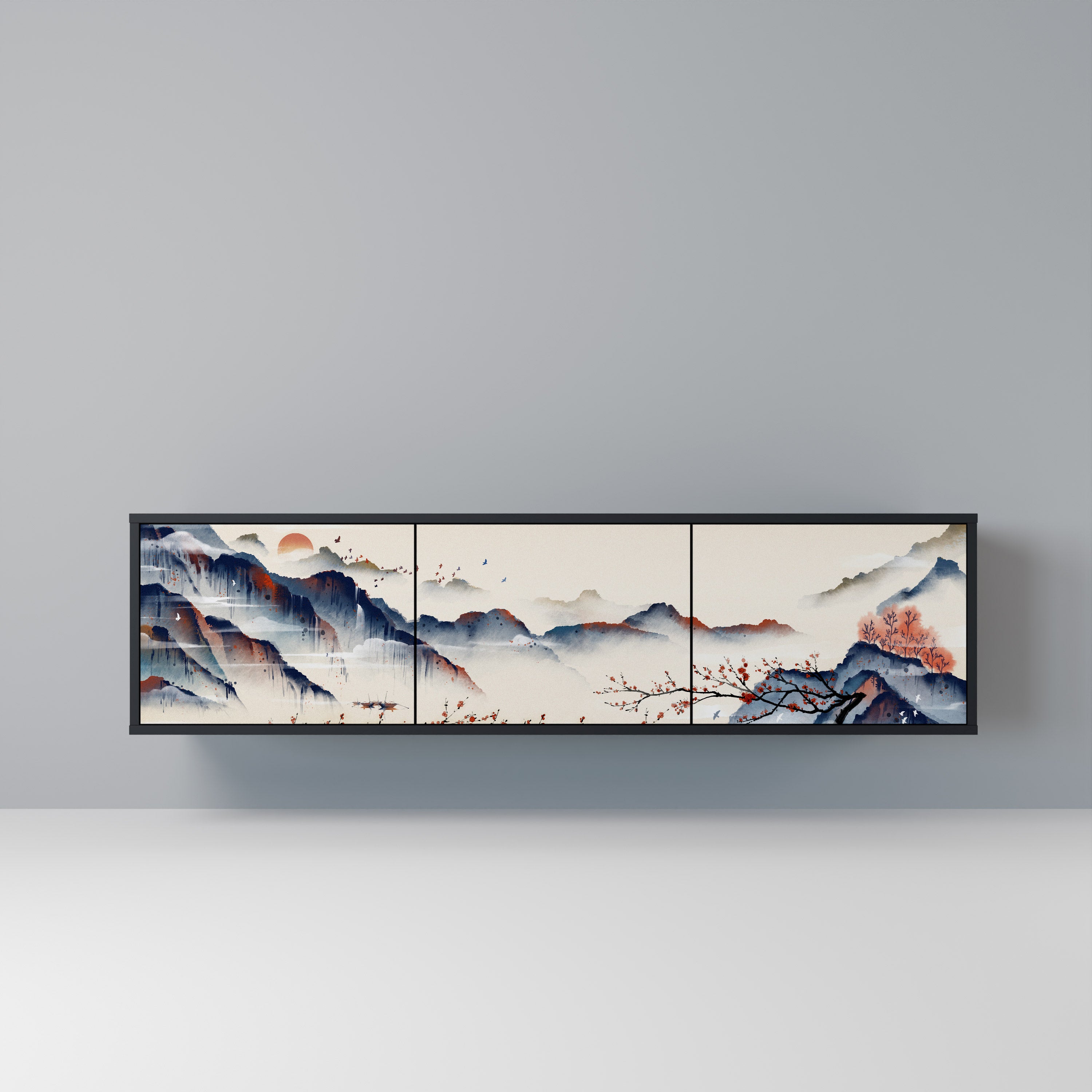 Mueble de TV de 3 puertas con diseño de paisaje japonés en acabado negro