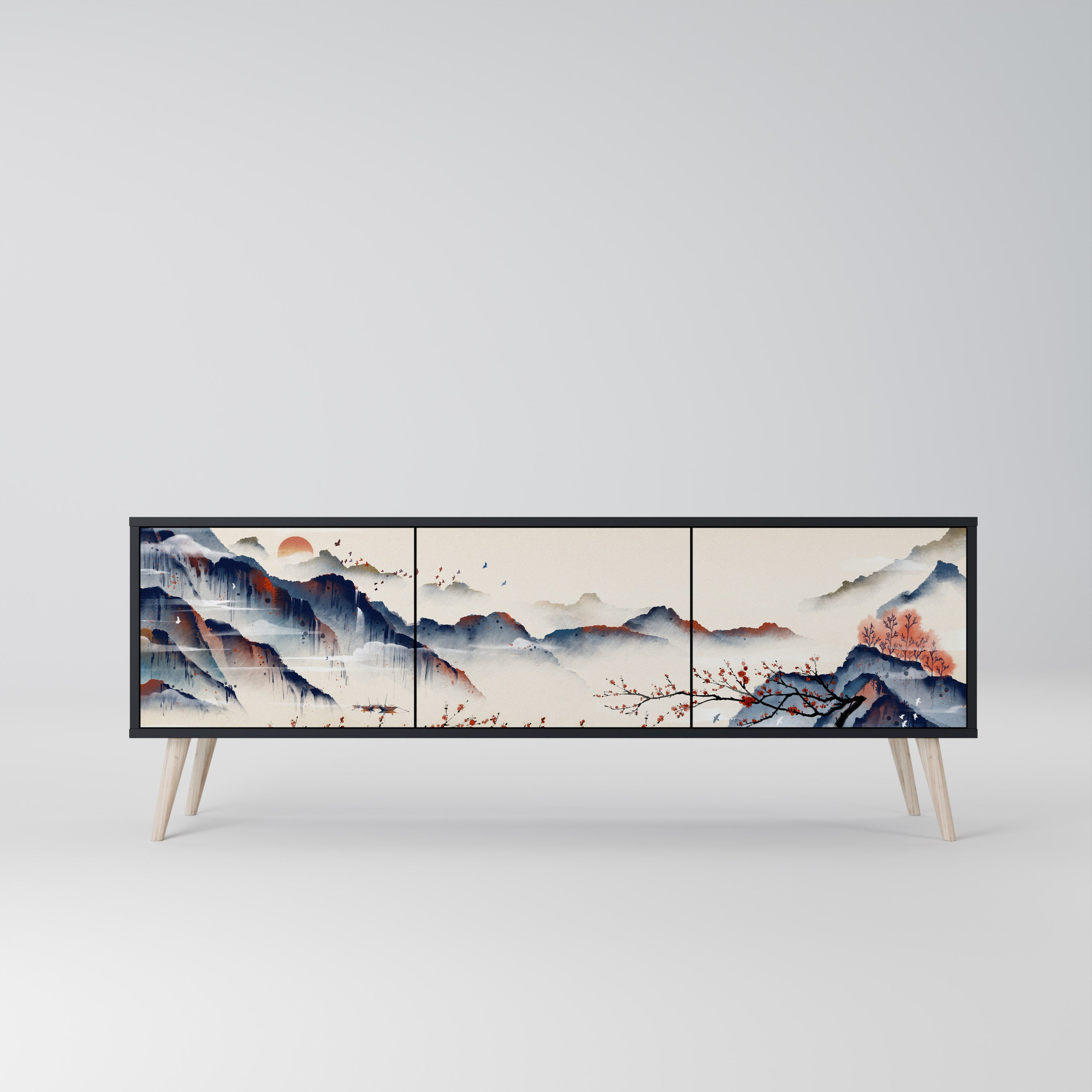 Mueble de TV de 3 puertas con diseño de paisaje japonés en acabado negro