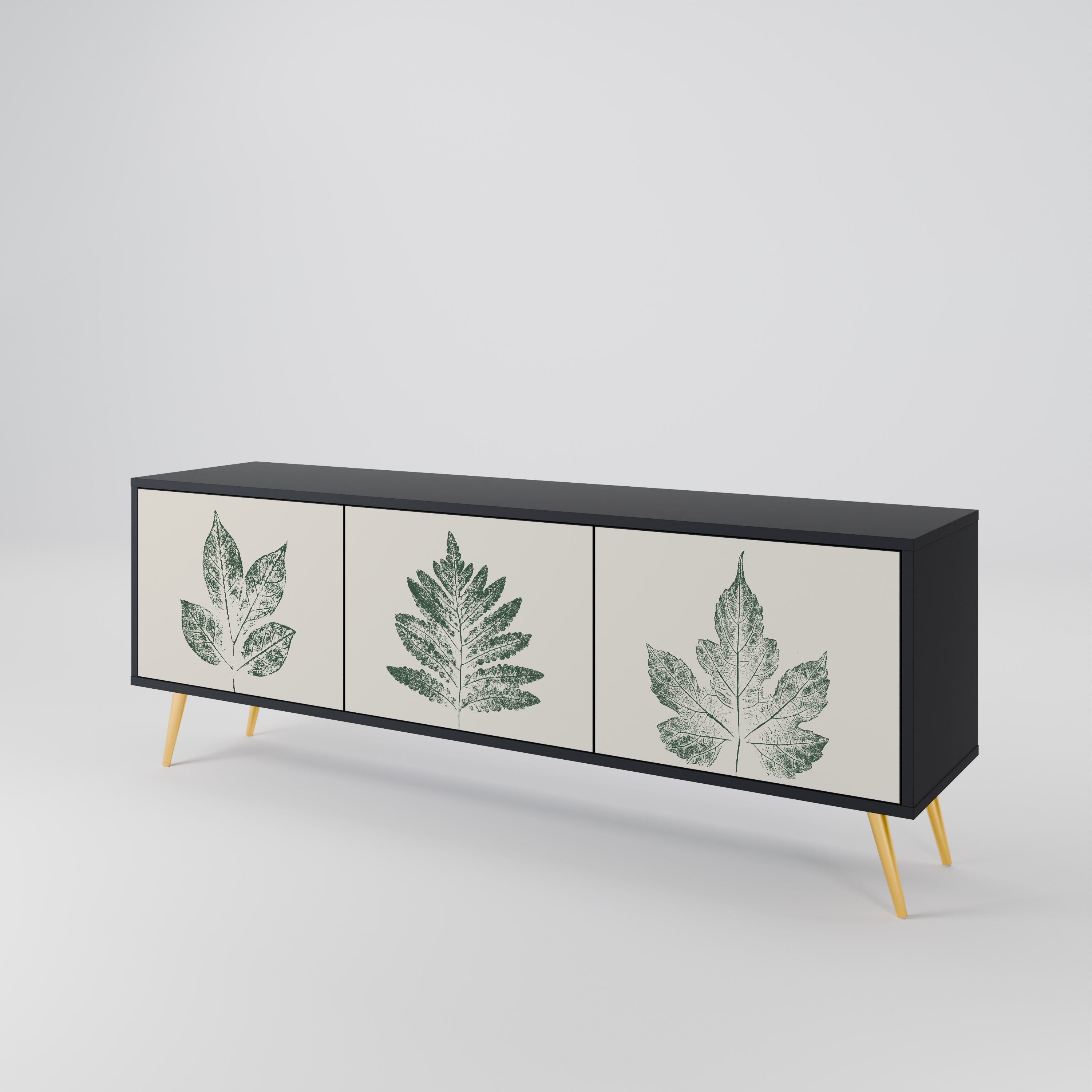 Mueble de TV de 3 puertas con acabado negro GREEN LEAFY STAMPS