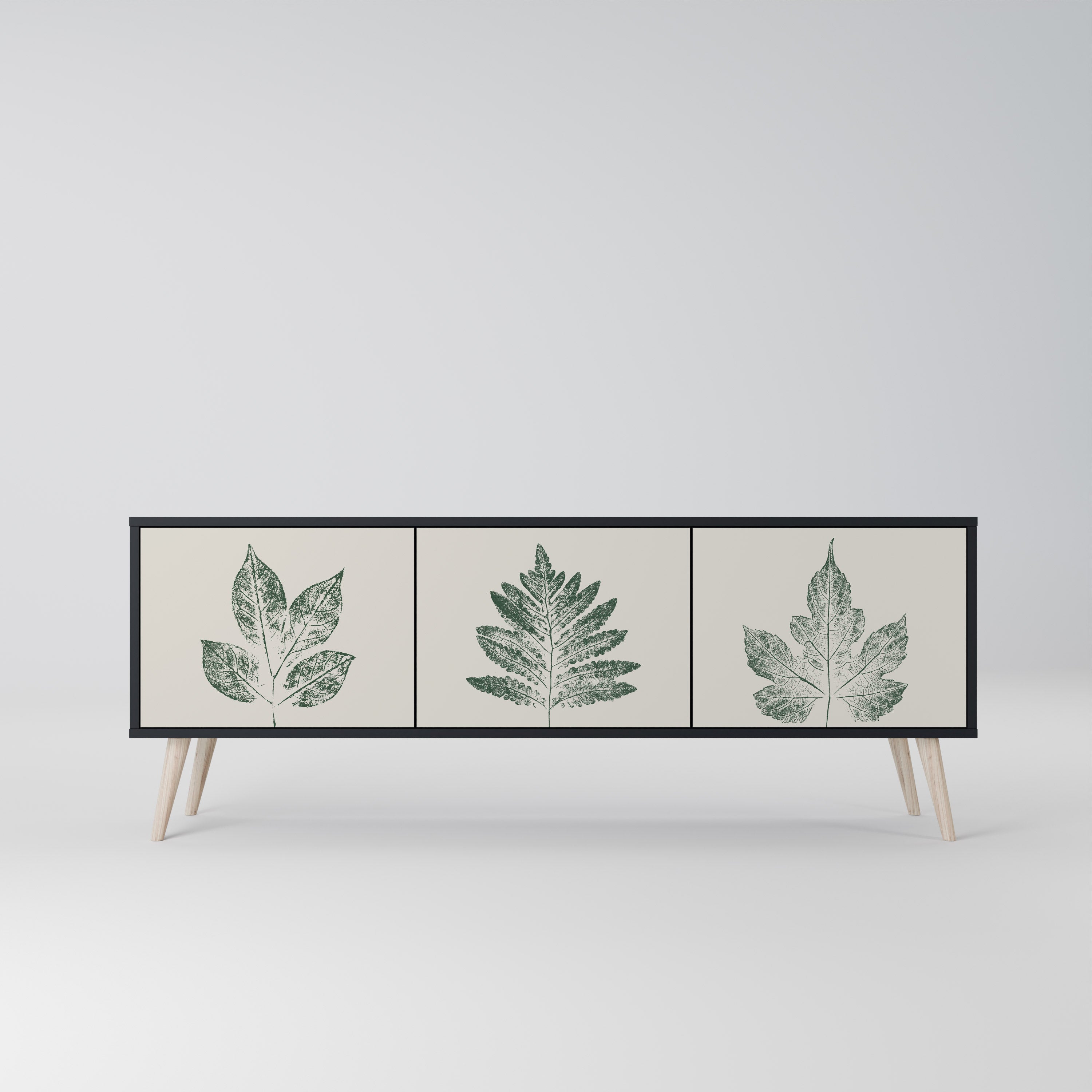 Mueble de TV de 3 puertas con acabado negro GREEN LEAFY STAMPS