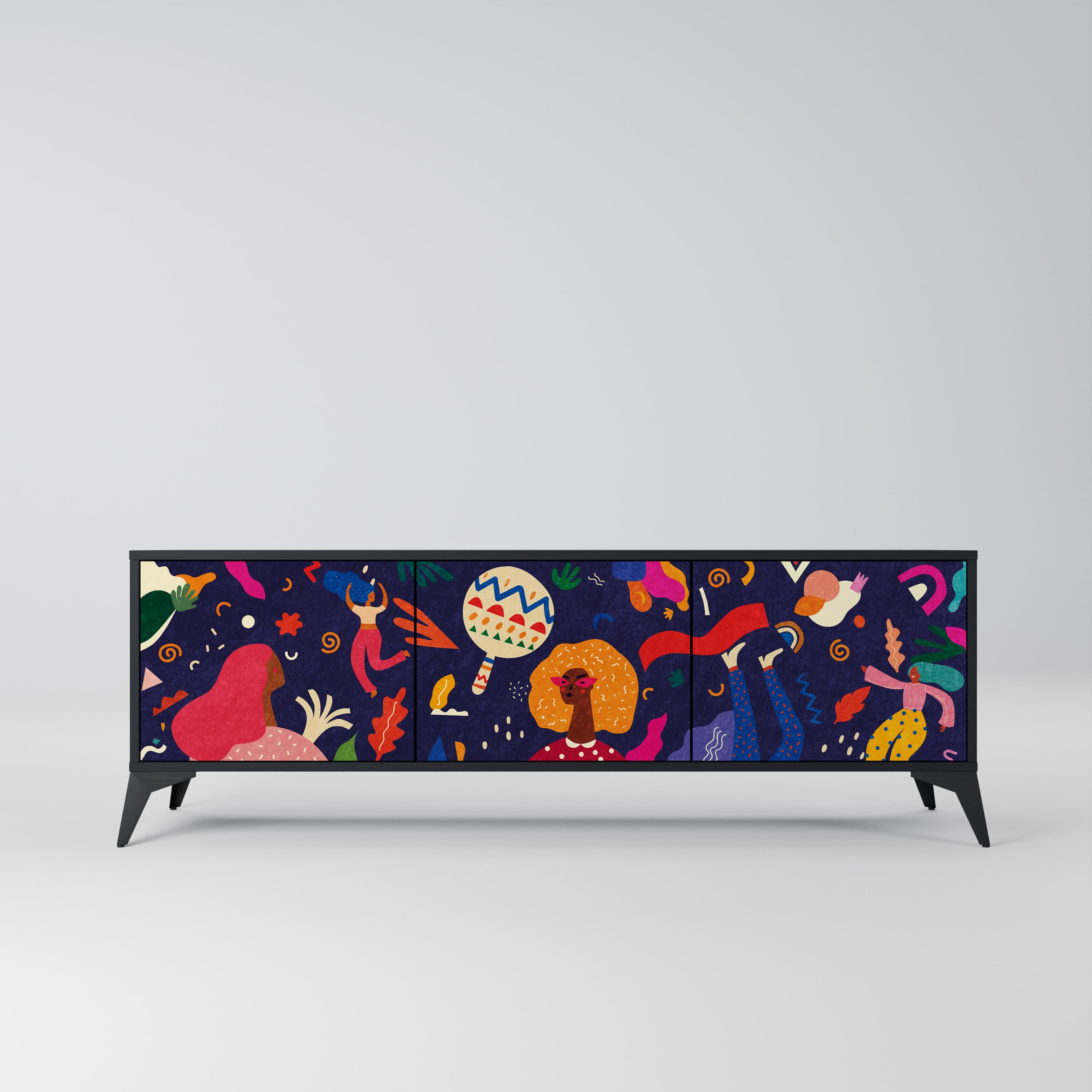 Mueble de TV de 3 puertas PLACERES FESTIVOS con acabado negro