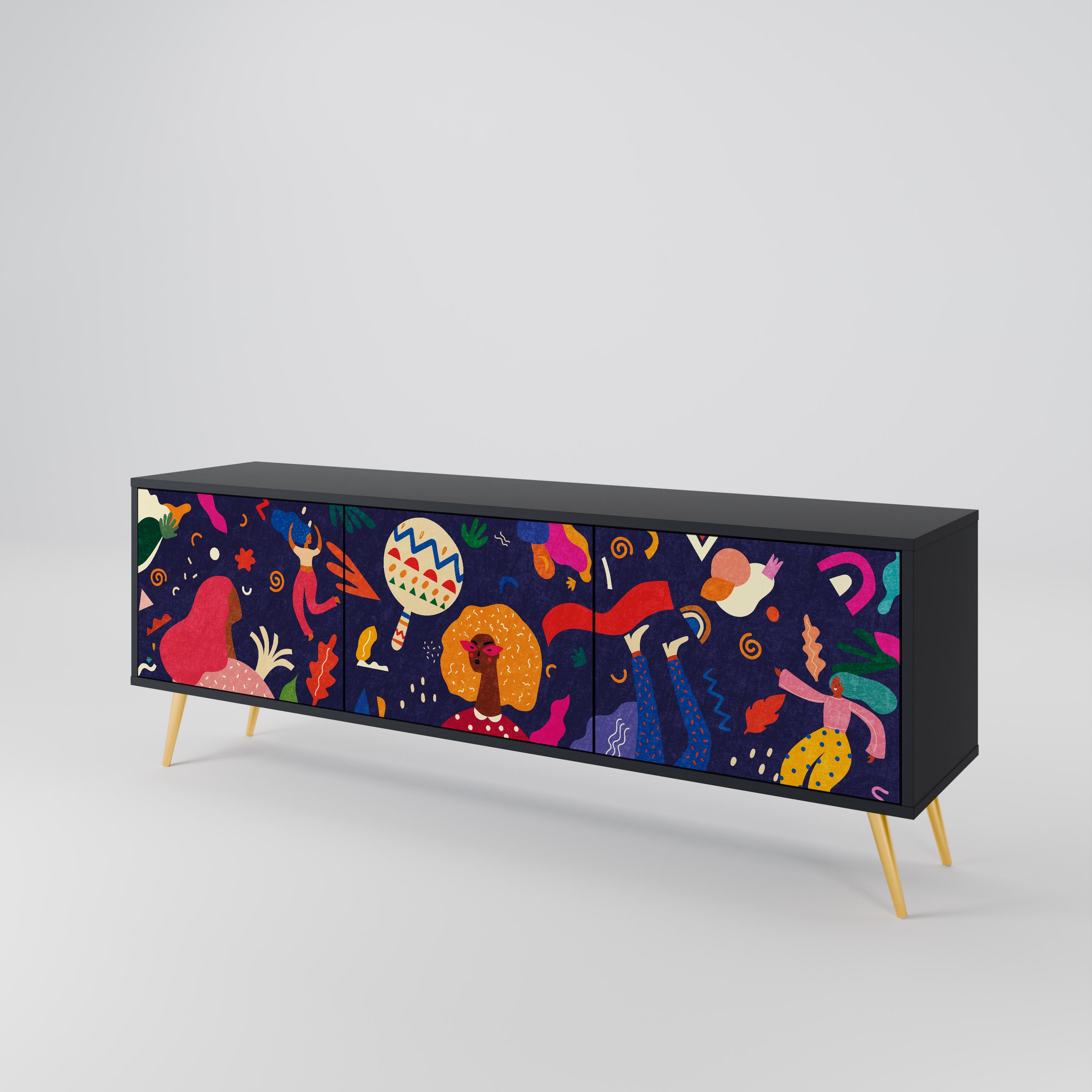 Mueble de TV de 3 puertas PLACERES FESTIVOS con acabado negro