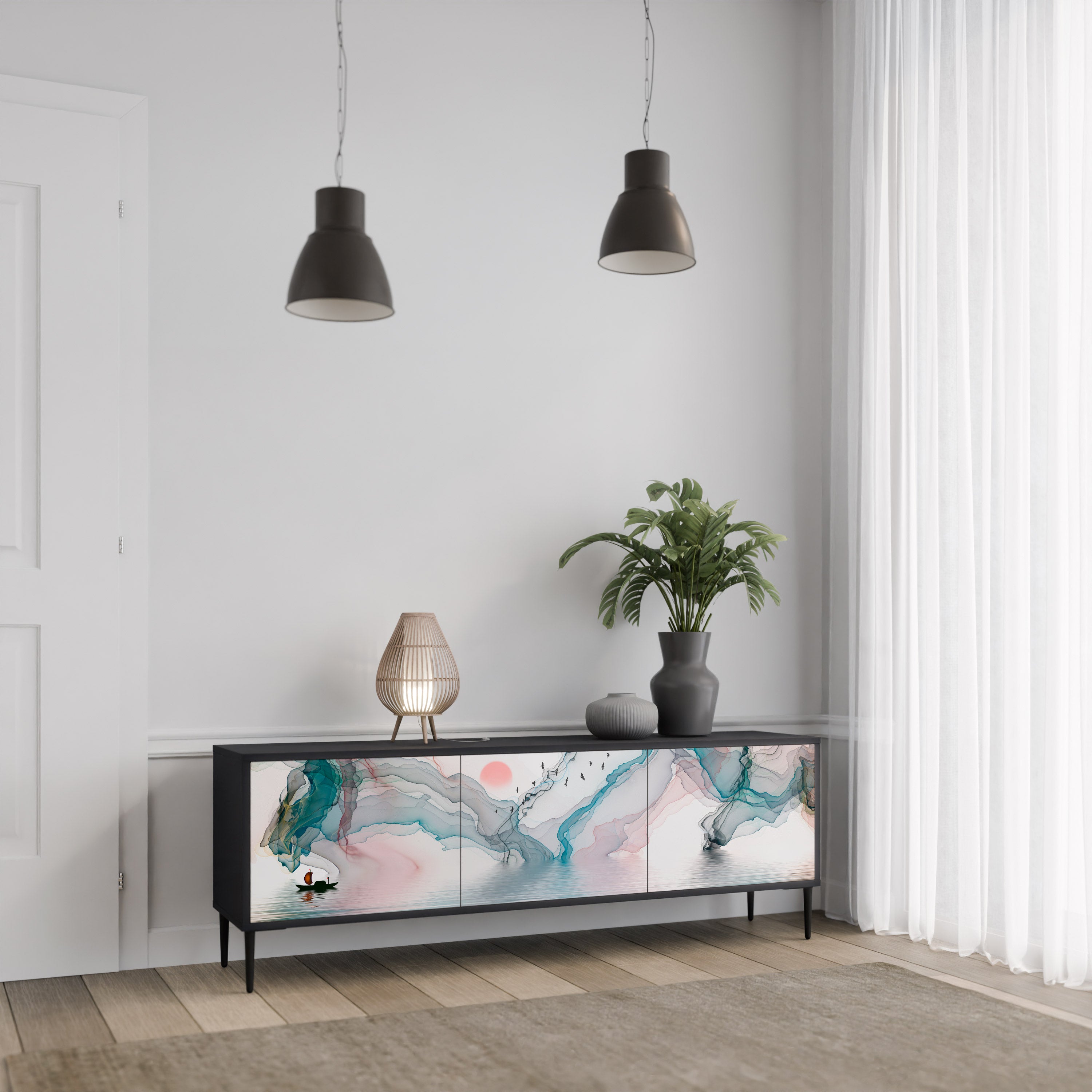Mueble de TV de 3 puertas VELVET CROSSING con acabado negro