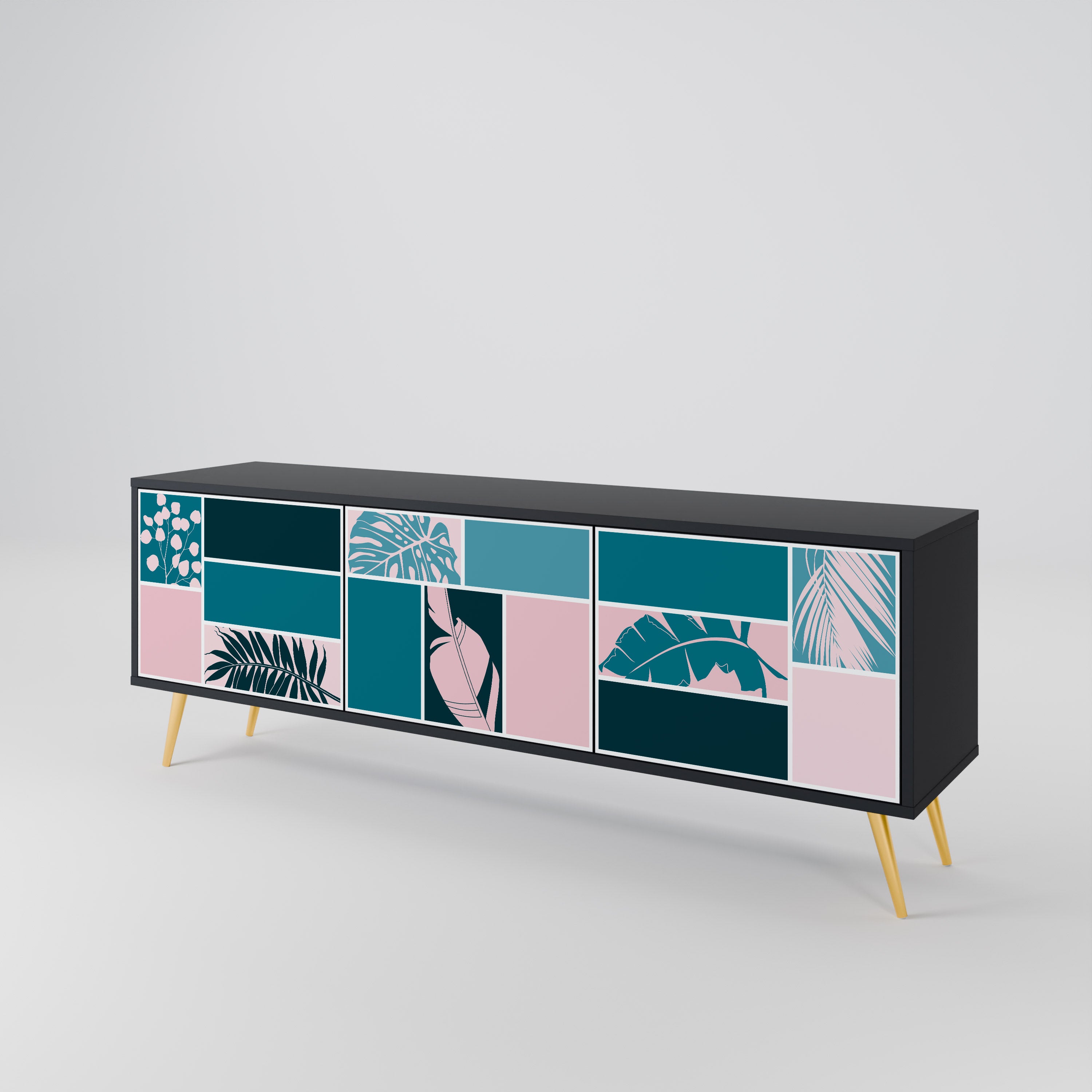 COMBINACIÓN DE FORMAS Mueble de TV de 3 puertas en acabado negro
