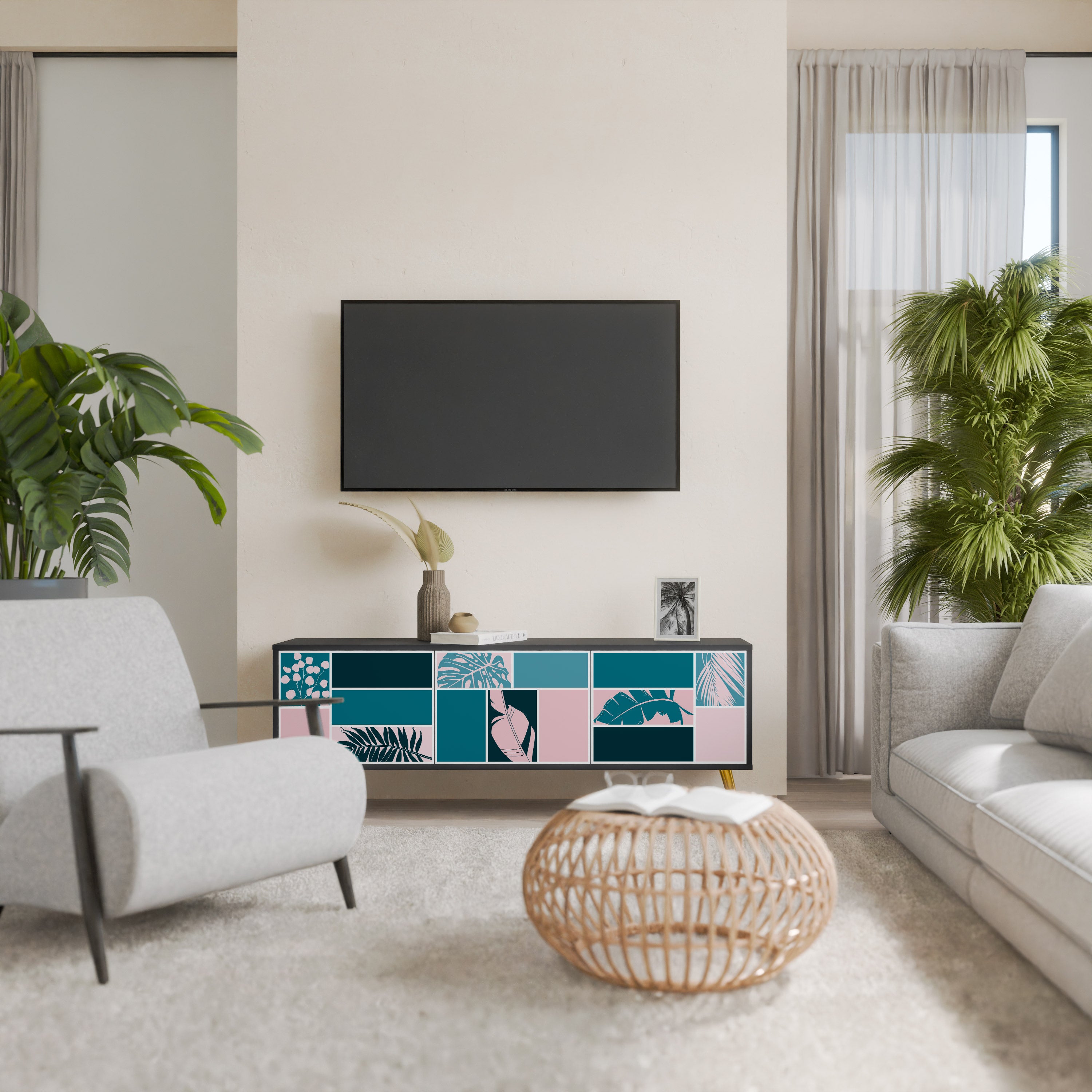 COMBINACIÓN DE FORMAS Mueble de TV de 3 puertas en acabado negro