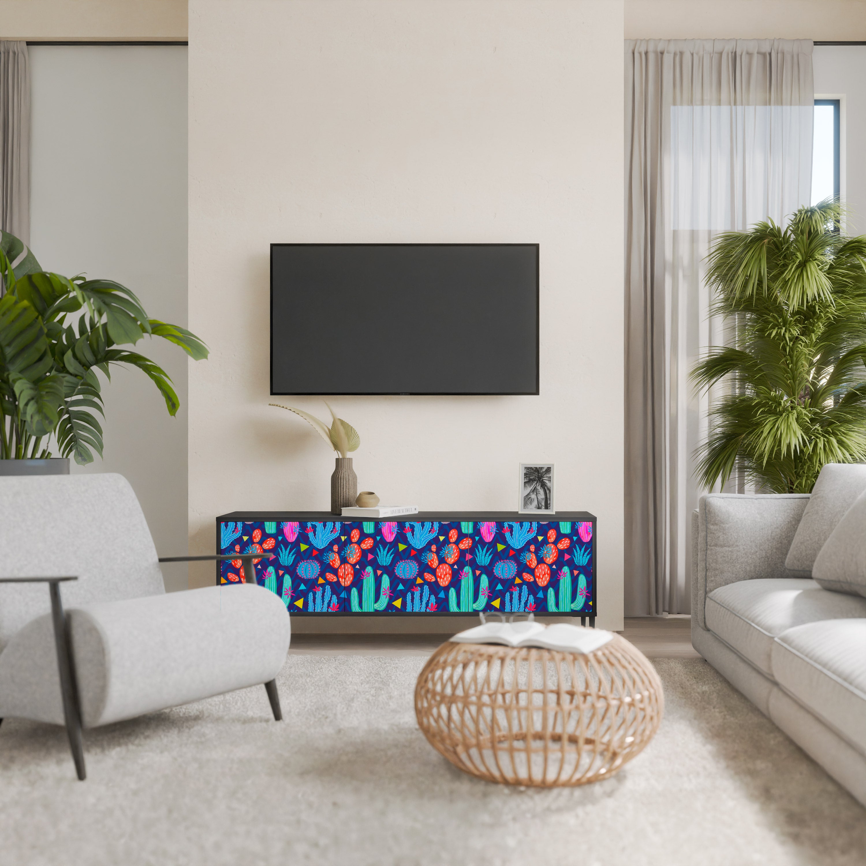 Mueble de TV de 3 puertas CACTUS VIBES en acabado negro
