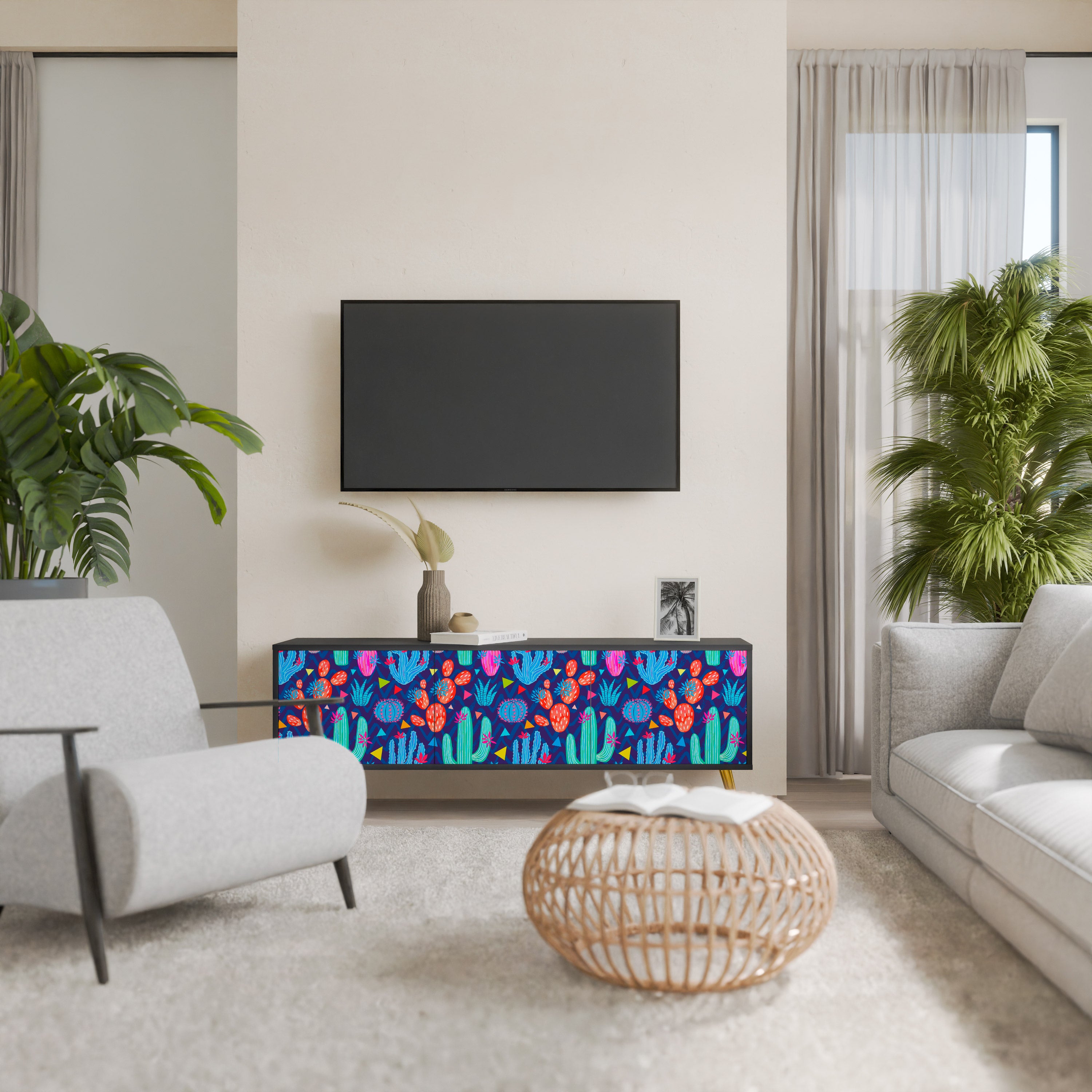 Mueble de TV de 3 puertas CACTUS VIBES en acabado negro