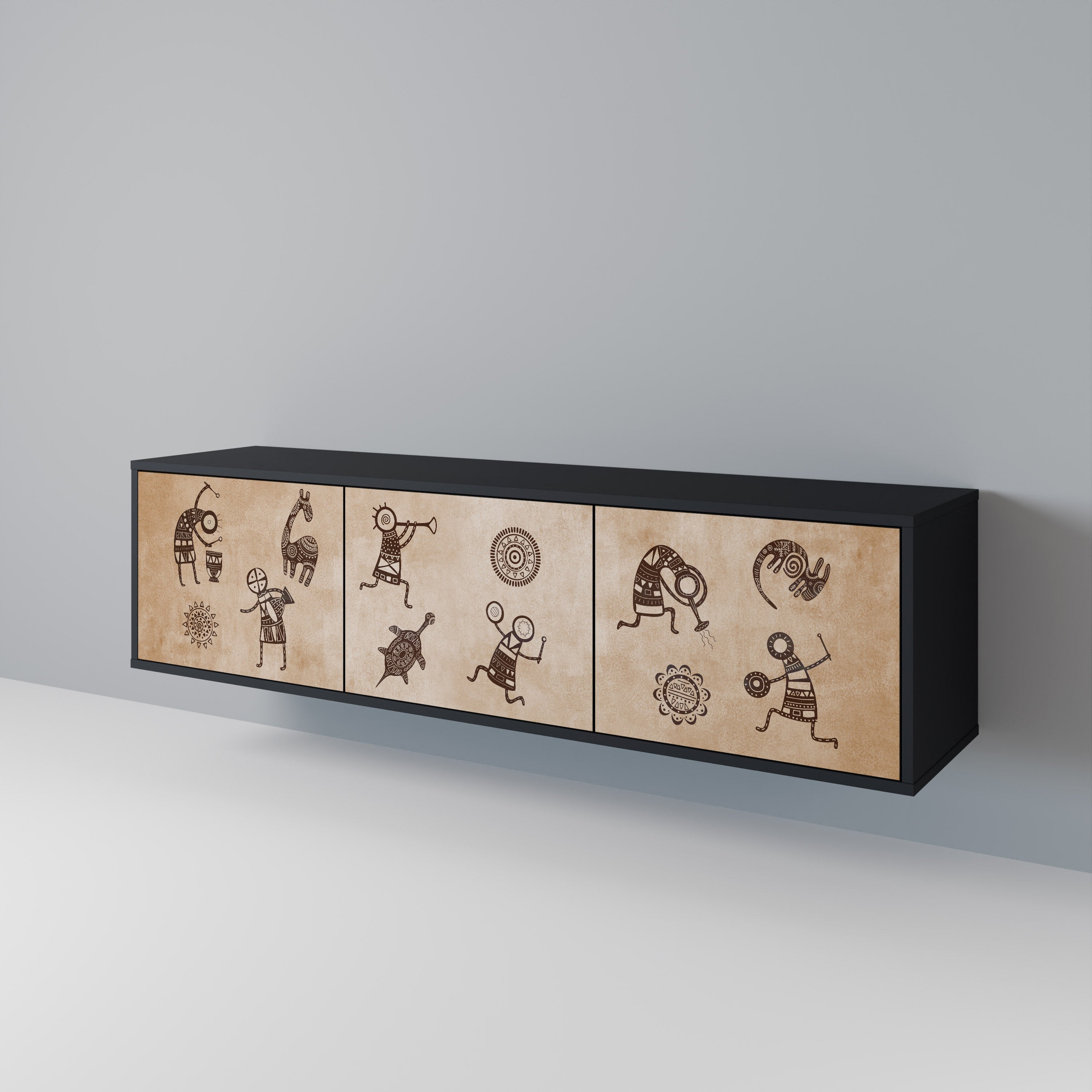 Mueble de TV de 3 puertas estilo africano con acabado negro