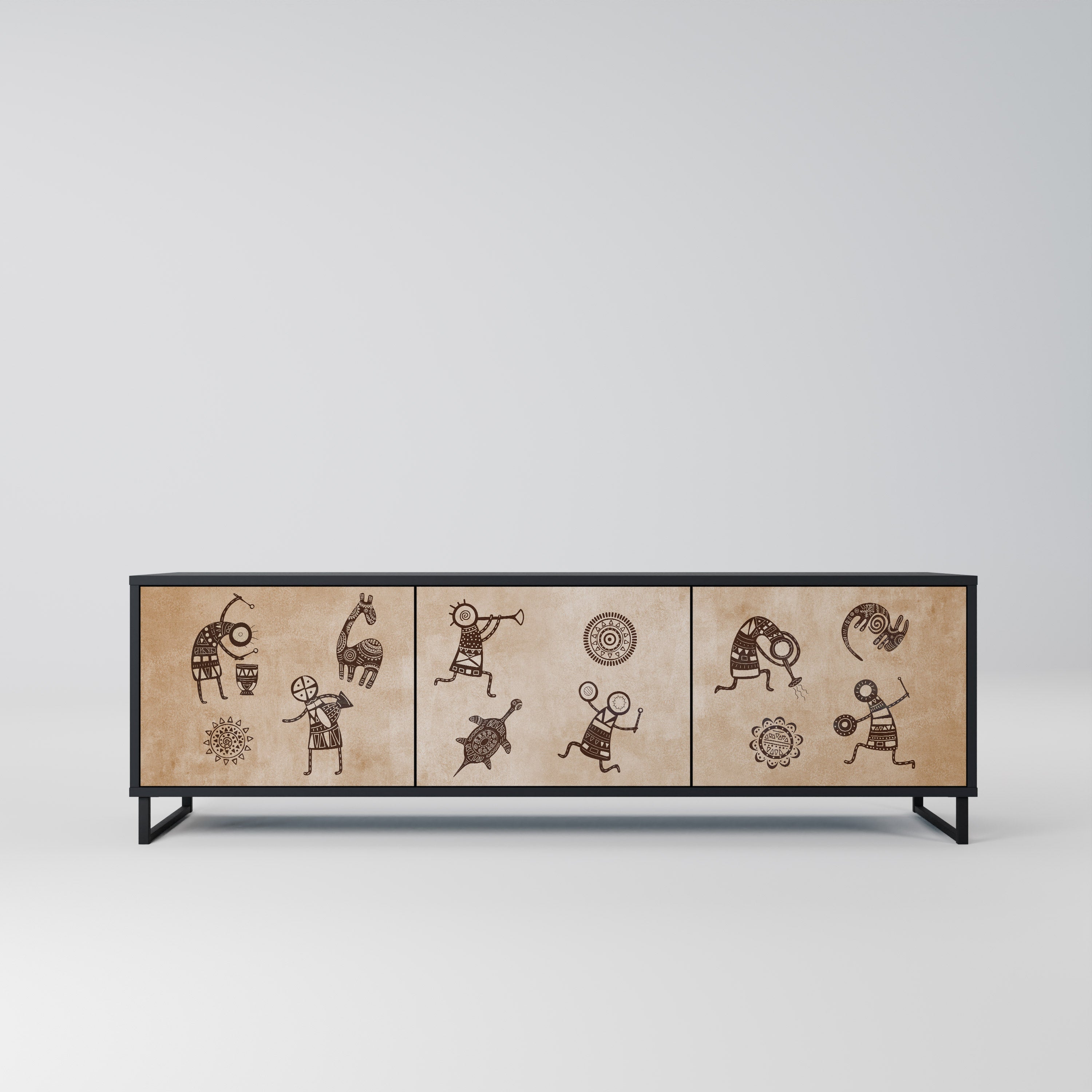 Mueble de TV de 3 puertas estilo africano con acabado negro