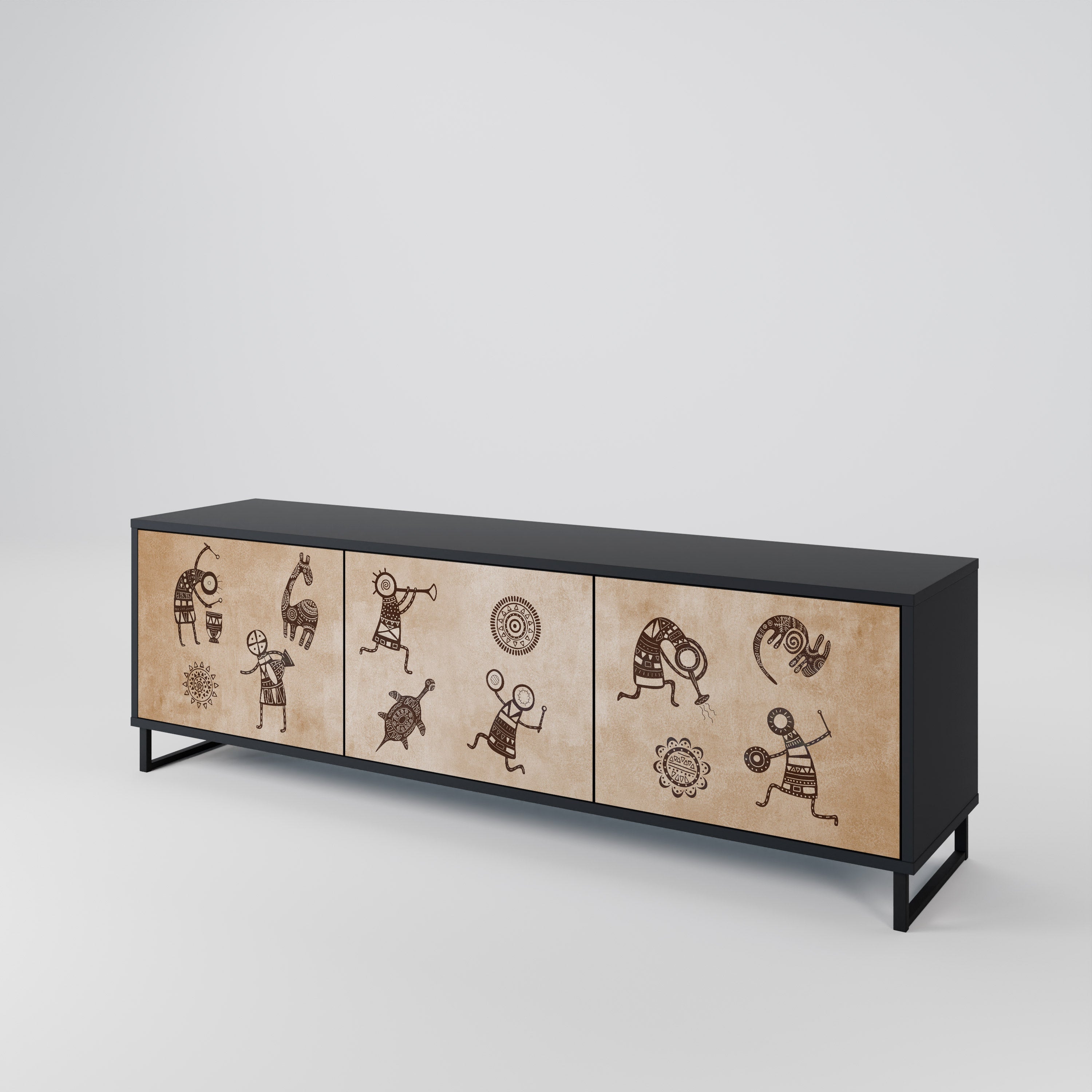 Mueble de TV de 3 puertas estilo africano con acabado negro