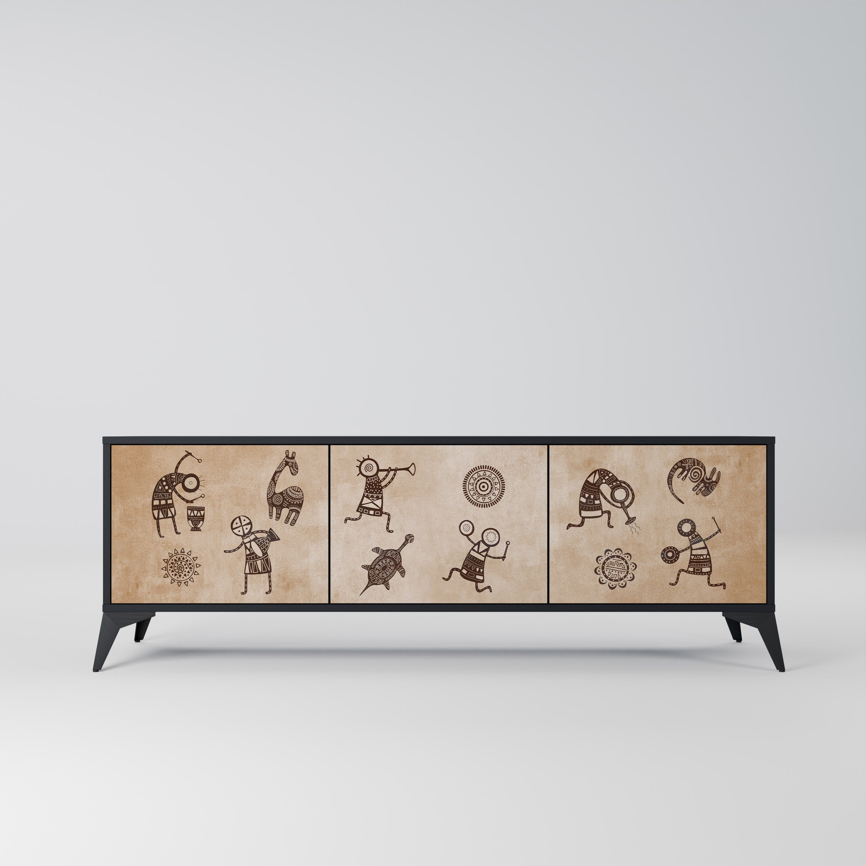 Mueble de TV de 3 puertas estilo africano con acabado negro