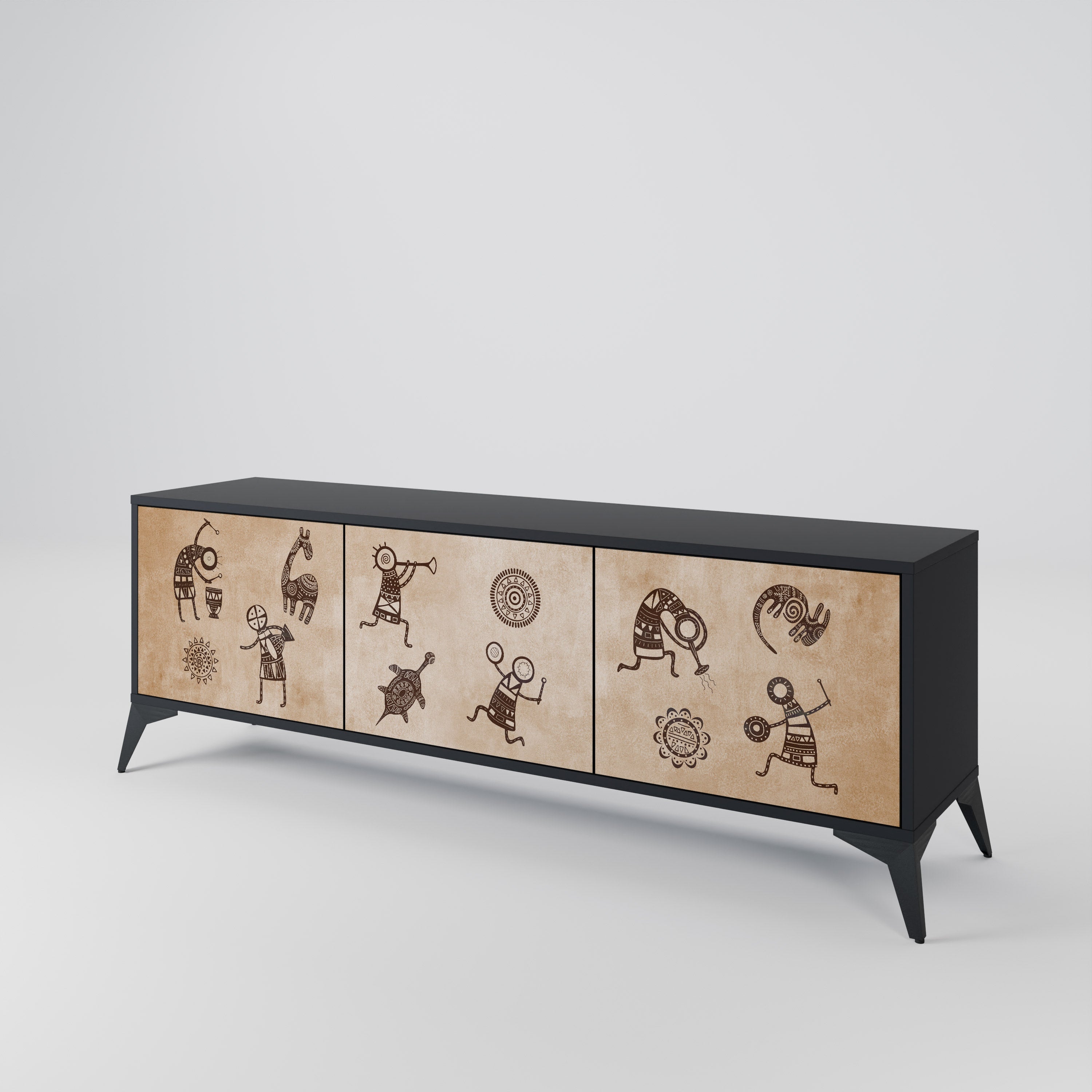 Mueble de TV de 3 puertas estilo africano con acabado negro